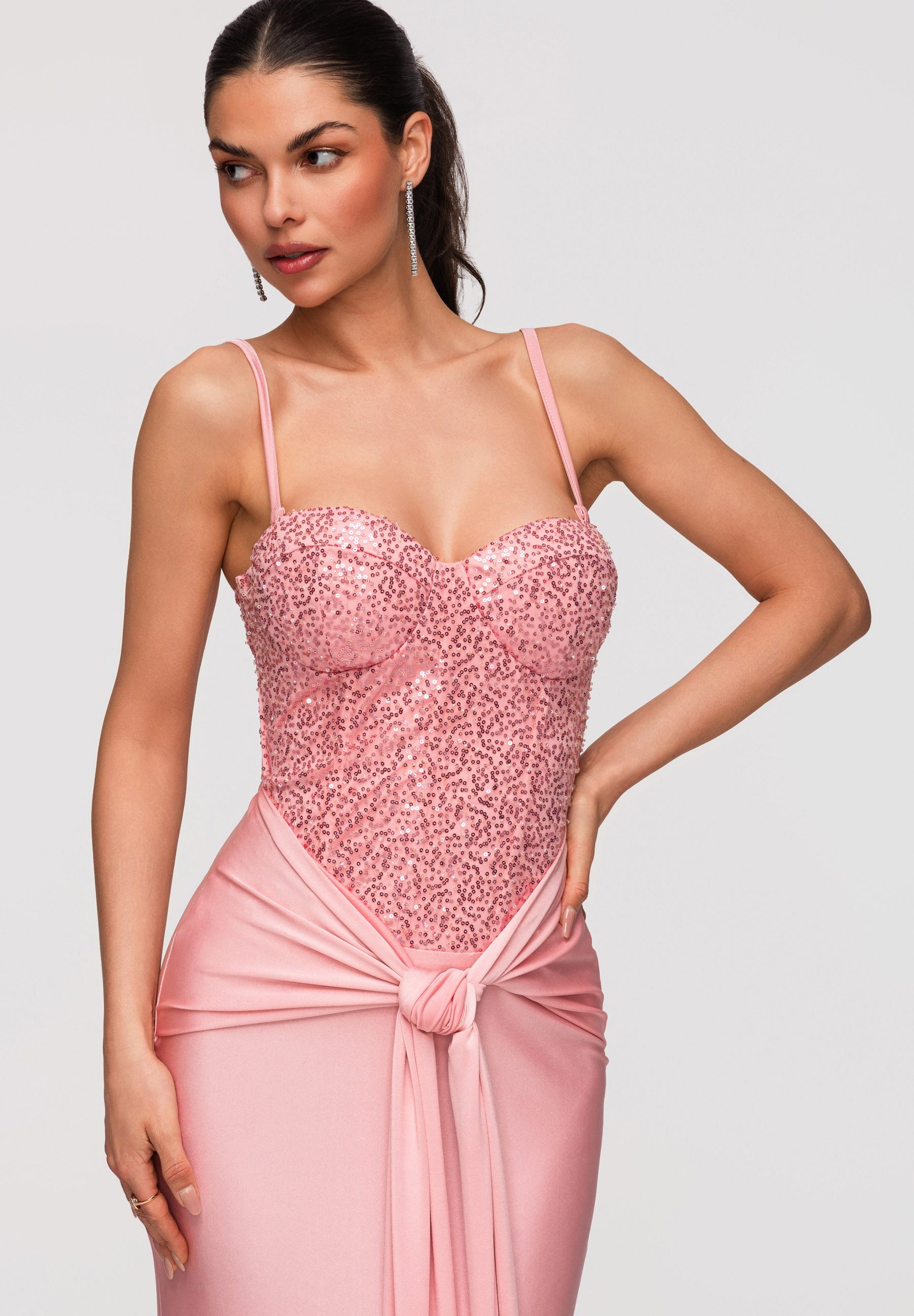 OMBRE Abendkleid Maxikleid mit Pailletten und Korsett-Optik Pink S (kein Set, 1-tlg) Drapierter Bund mit Knoten