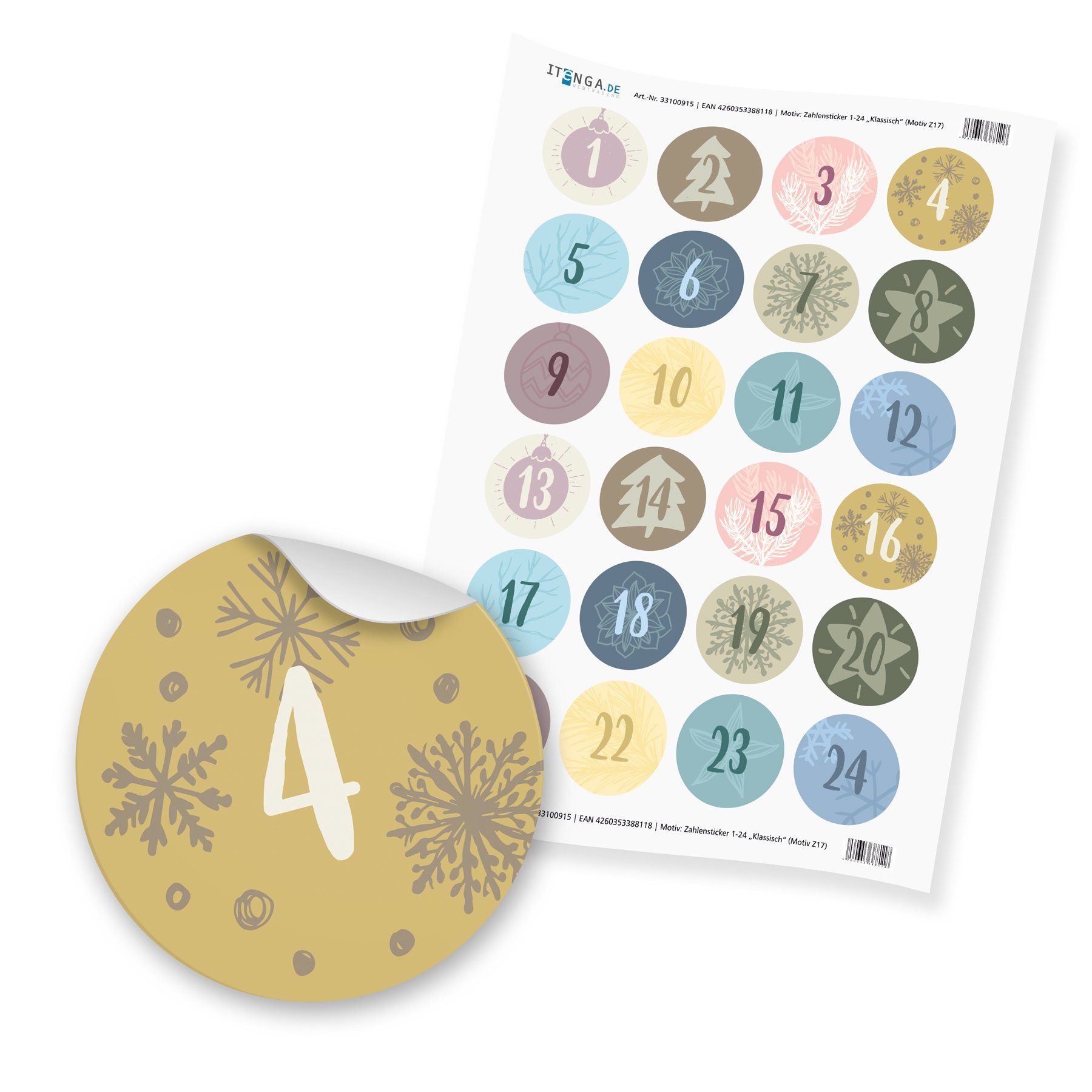 Adventskalender befüllbarer 17 + Geschenktüten itenga Klammern + Sticker Adventskalender Set