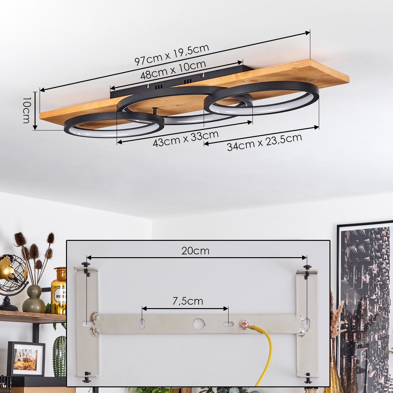 hofstein Deckenleuchte »Palermo« Deckenlampe aus Metall/Holz/Kunststoff in Natur/Schwarz, 3000 Kelvin, 97cm, dimmbar über Lichtschalter, 4700 Lumen, 1xLED 40 Wa – Bild 4 von 5