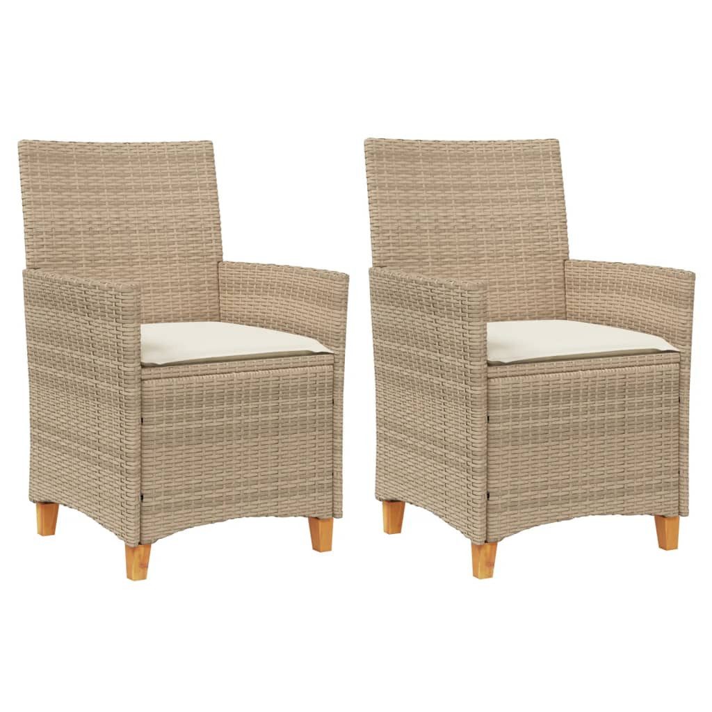 vidaXL Gartenstuhl Gartenstühle mit Kissen 2 Stk. Beige Poly Rattan Massivholz (2 St)