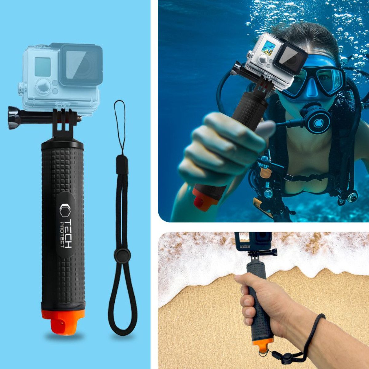 TECH PROTECT Action Cam-Halterung GA100, (2-teilig, Schwimmender Handgriff mit rutschfester Oberfläche und Staufach)