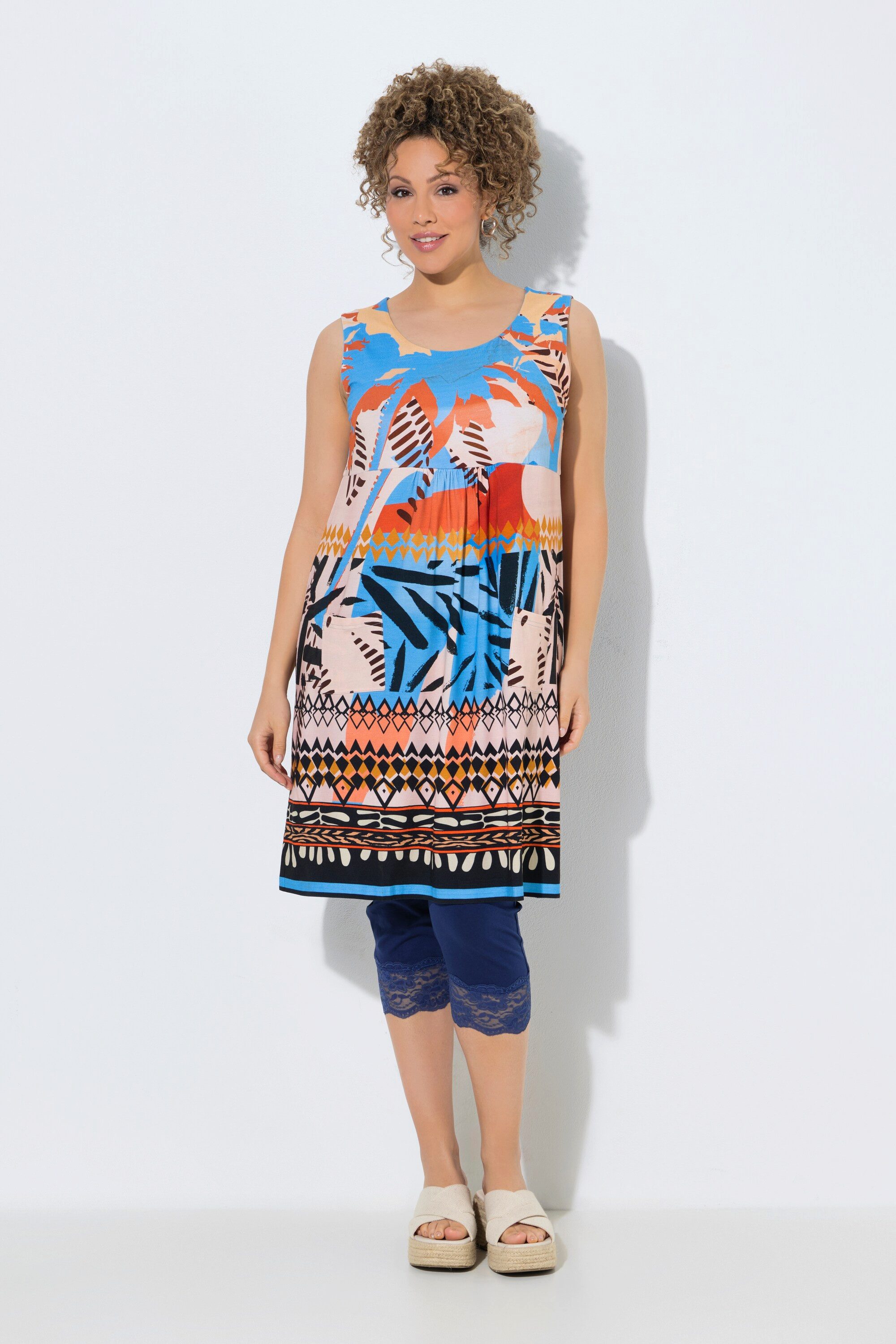 Minikleid Jerseykleid Patchdruck A-Linie Rundhals ärmellos