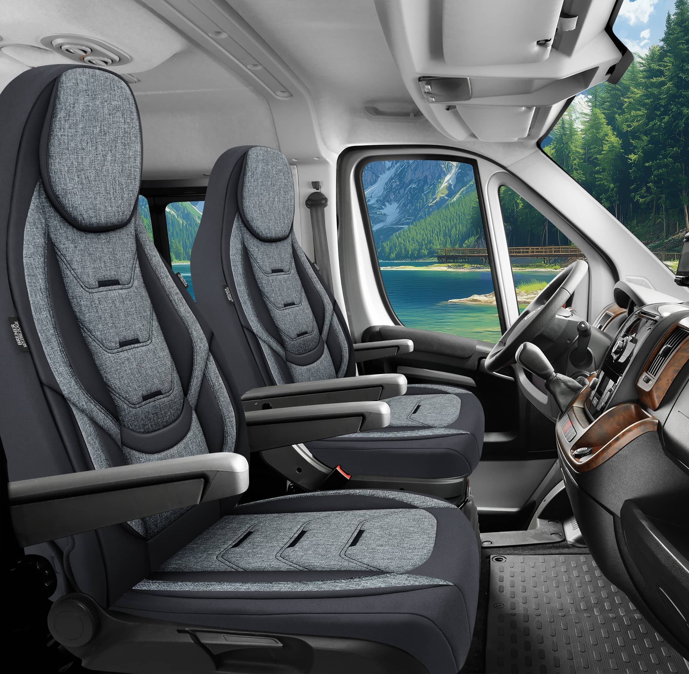 BREMER SITZBEZÜGE Autositzbezug für für Forster Teilintegriert (H1), Set, Schonbezüge Sitzbezüge Fahrer und Beifahrer, in Schwarz/Grau