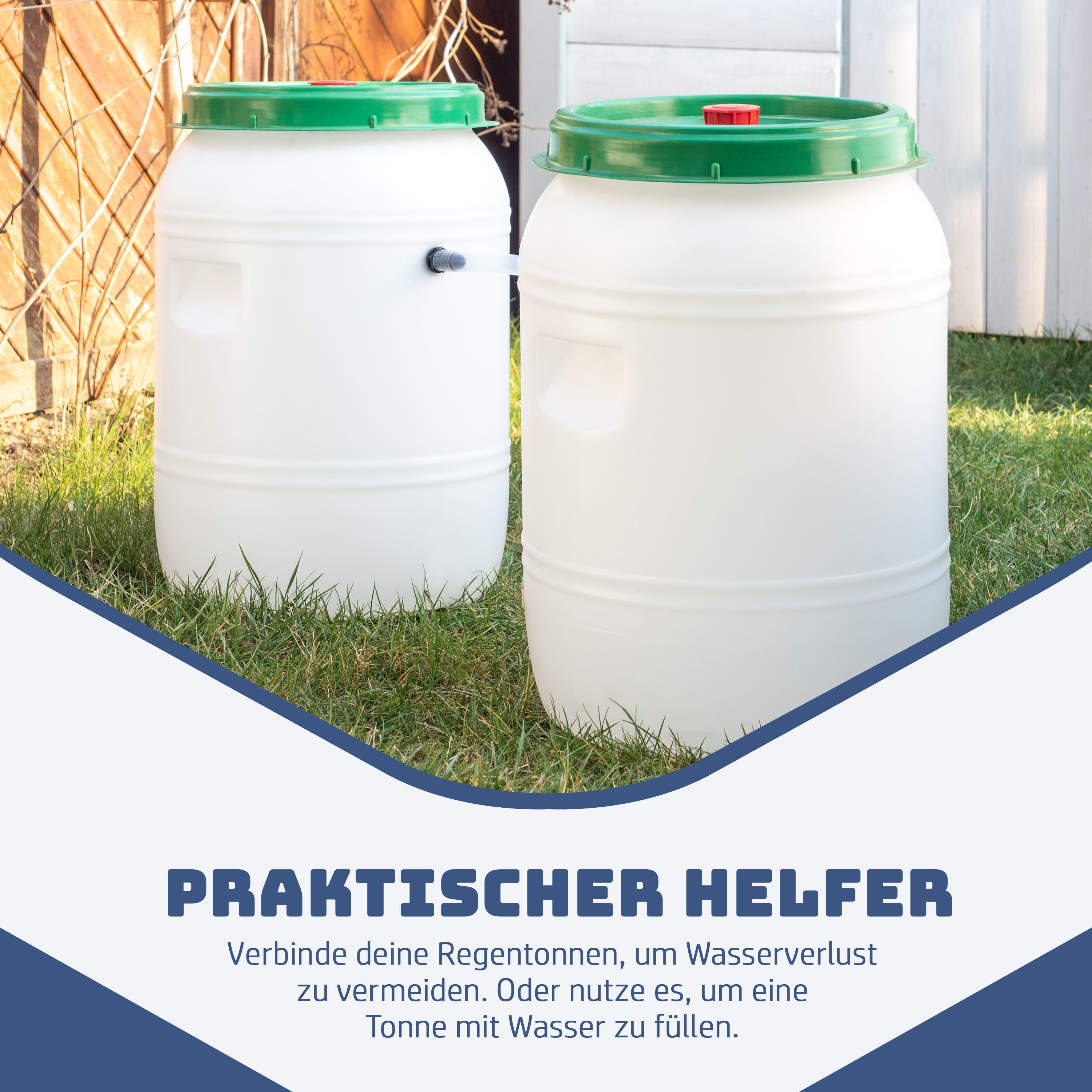 Villkin Regentonne, Regentonnenkupplung, Tonnenverbinder, Verbindungsstück (25cm), (3-tlg., 1x Regentonnenverbinder, 2x Schlauchschellen), einfache Anwendung, dicht, langlebig