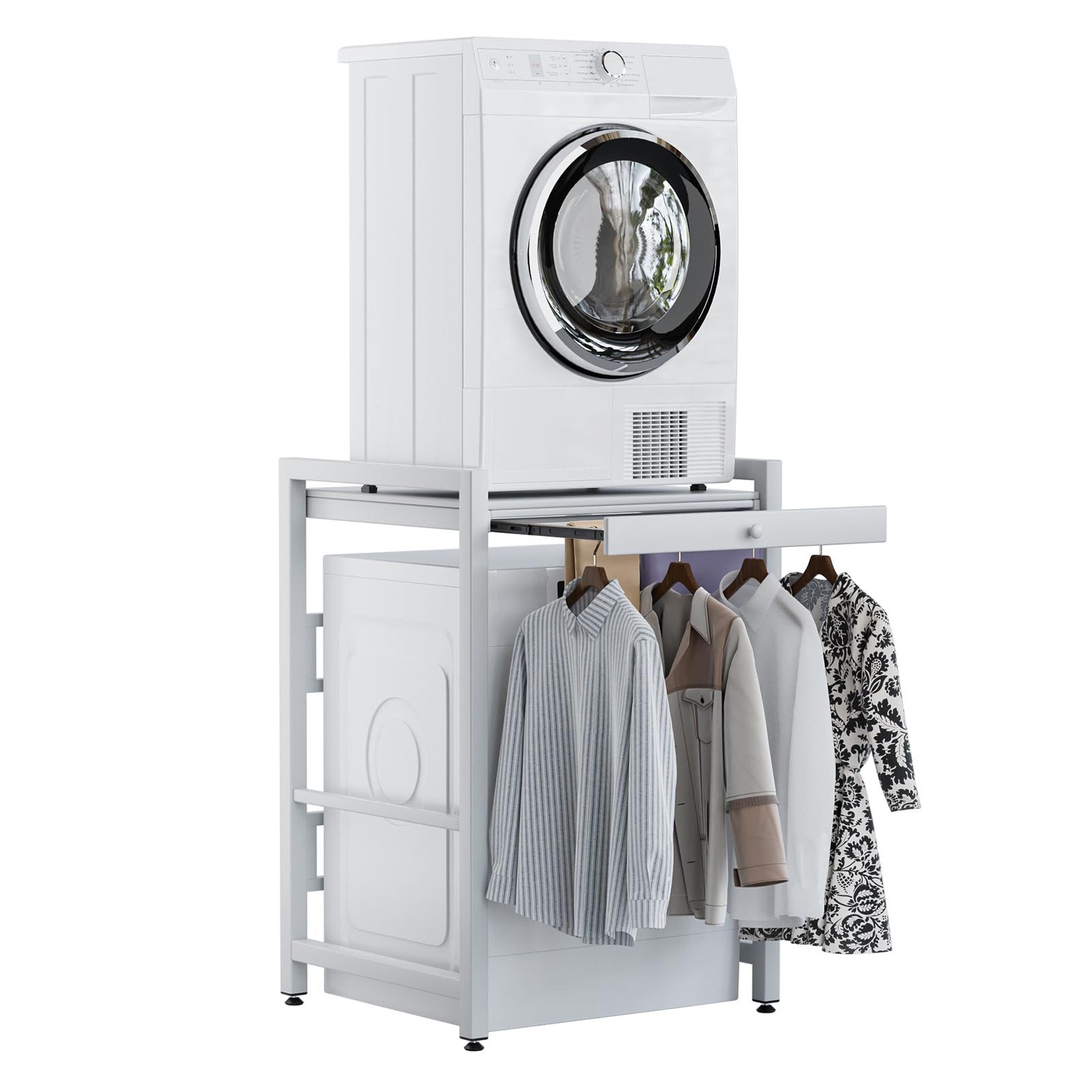 Rutaqian Waschmaschinenunterschrank Regal über Waschmaschine,105×73×63cm, Metall Weiß (Waschmaschinenregal, 1-St., Doppelschicht Waschmaschinenständer) Höhenverstellbar Wäschetrocknerständer mit Schiebehänger–200kg