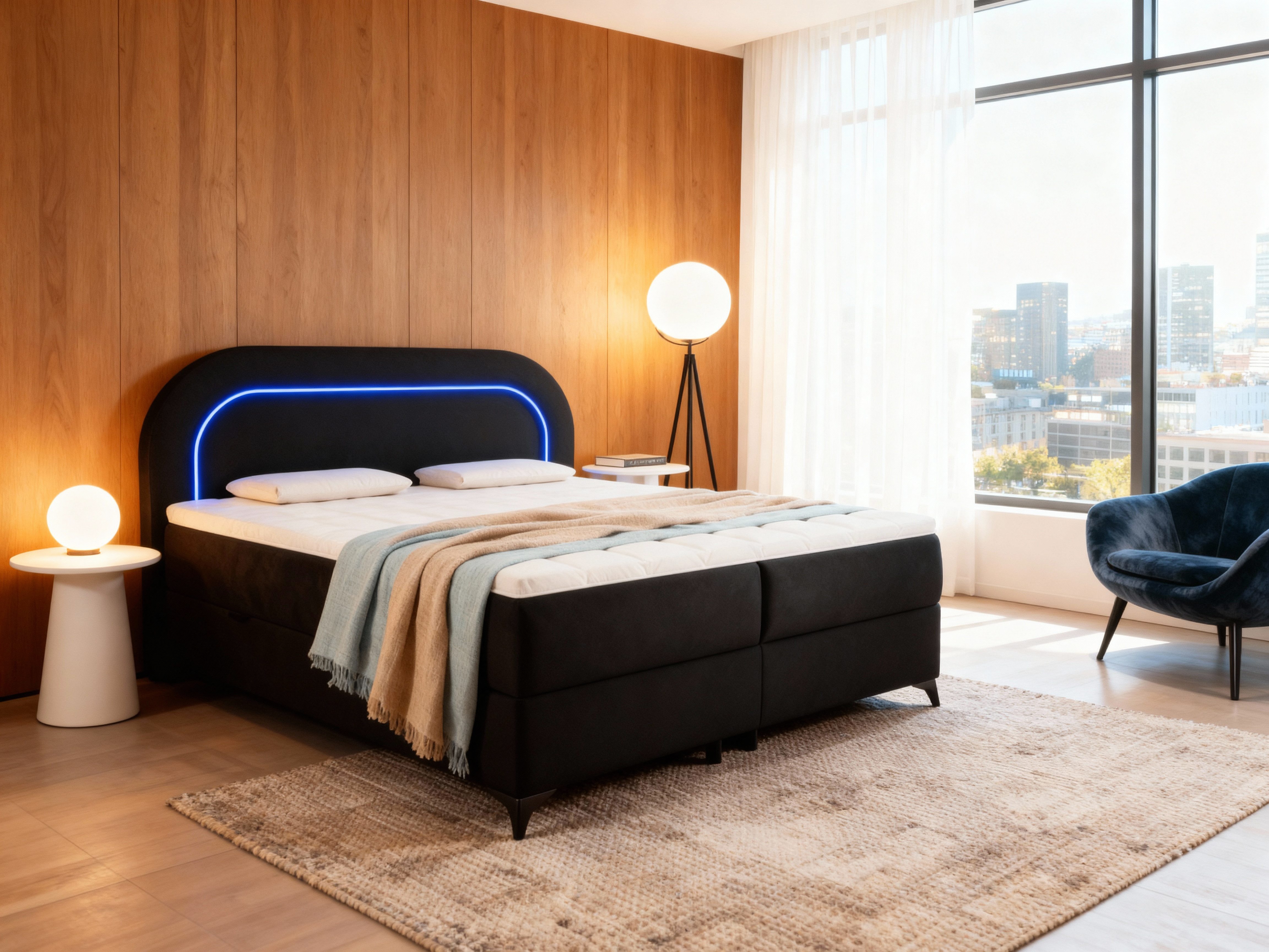 wonello Boxbett Luma, Samt Bett mit LED Beleuchtung, Bettkasten und Topper