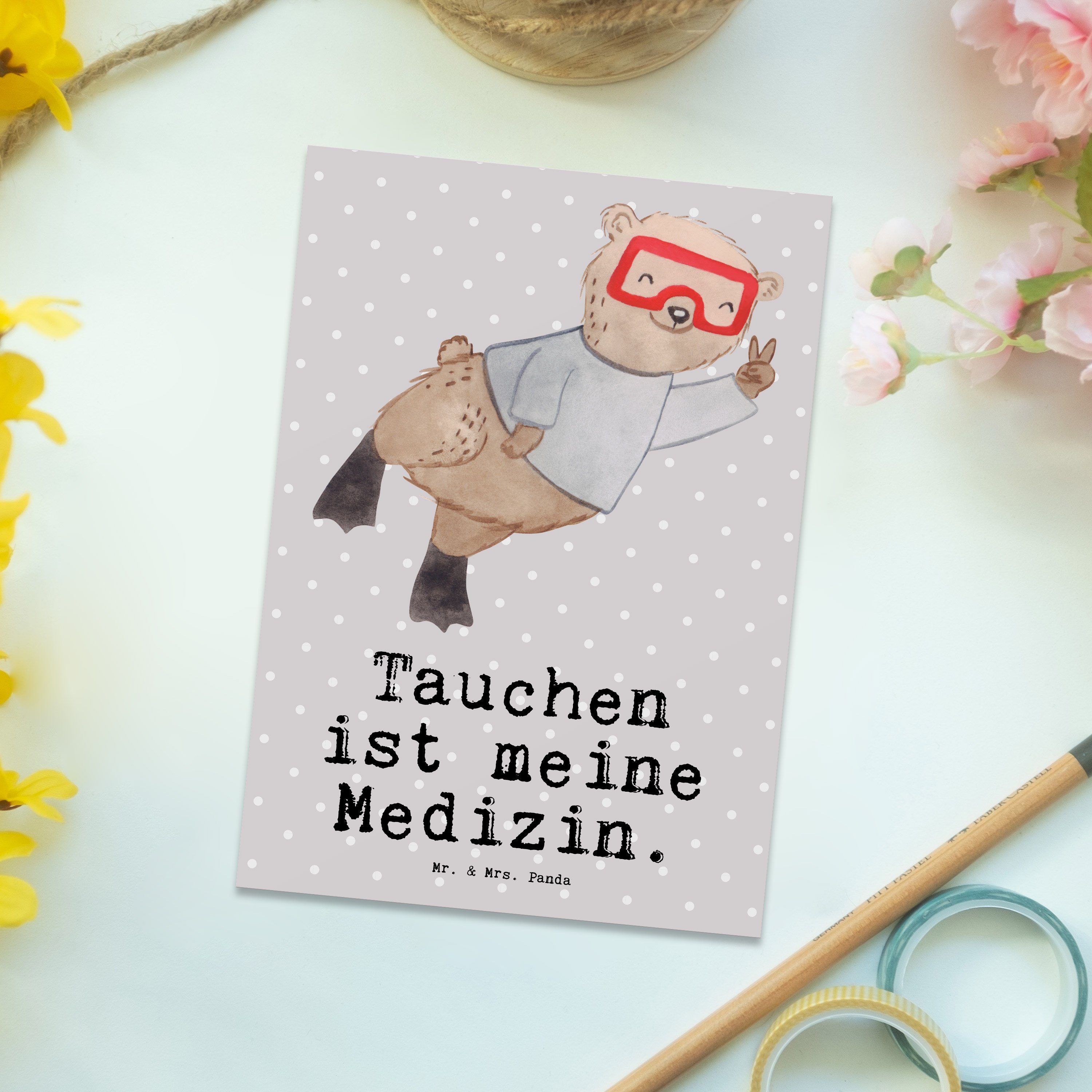 Postkarte & Tauchen Geschenk, Panda - Pastell Tiefseetauchen Mrs. Mr. Medizin - Grau Bär Hobby,