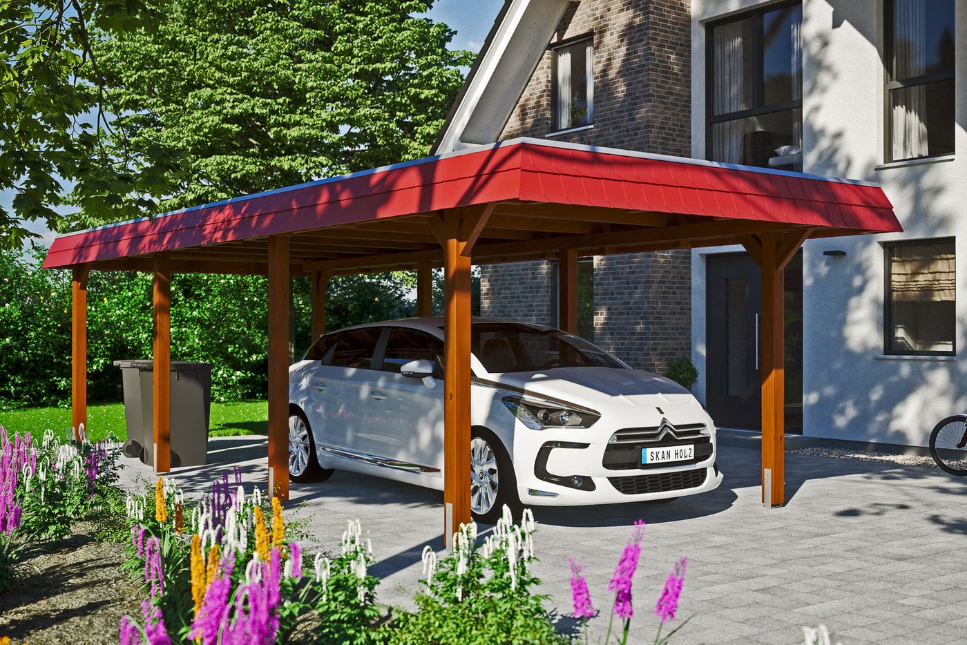 Thumbnail - Skanholz Einzelcarport Wendland, BxT: 362x870 cm, 206 cm Einfahrtshöhe, mit Aluminiumdach, rote Blende