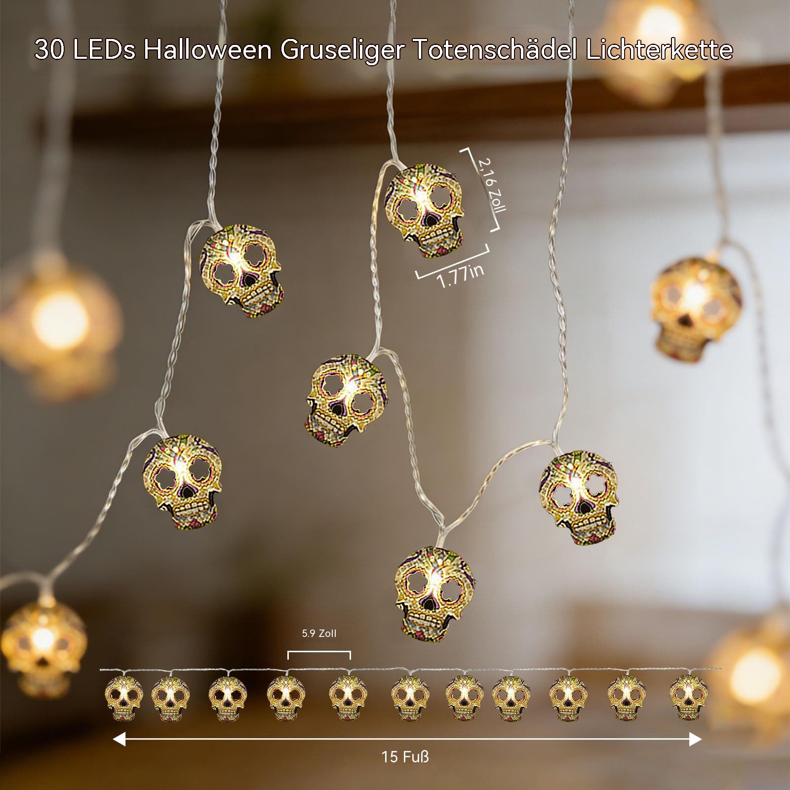 nsihing LED-Lichterkette Halloween Totenkopf-Lichterkette,Geister-Halloween-Dekoration, Hängende Lichterkette, für Innen- und Außenbereich, Zuhause, Garten – Bild 3 von 5