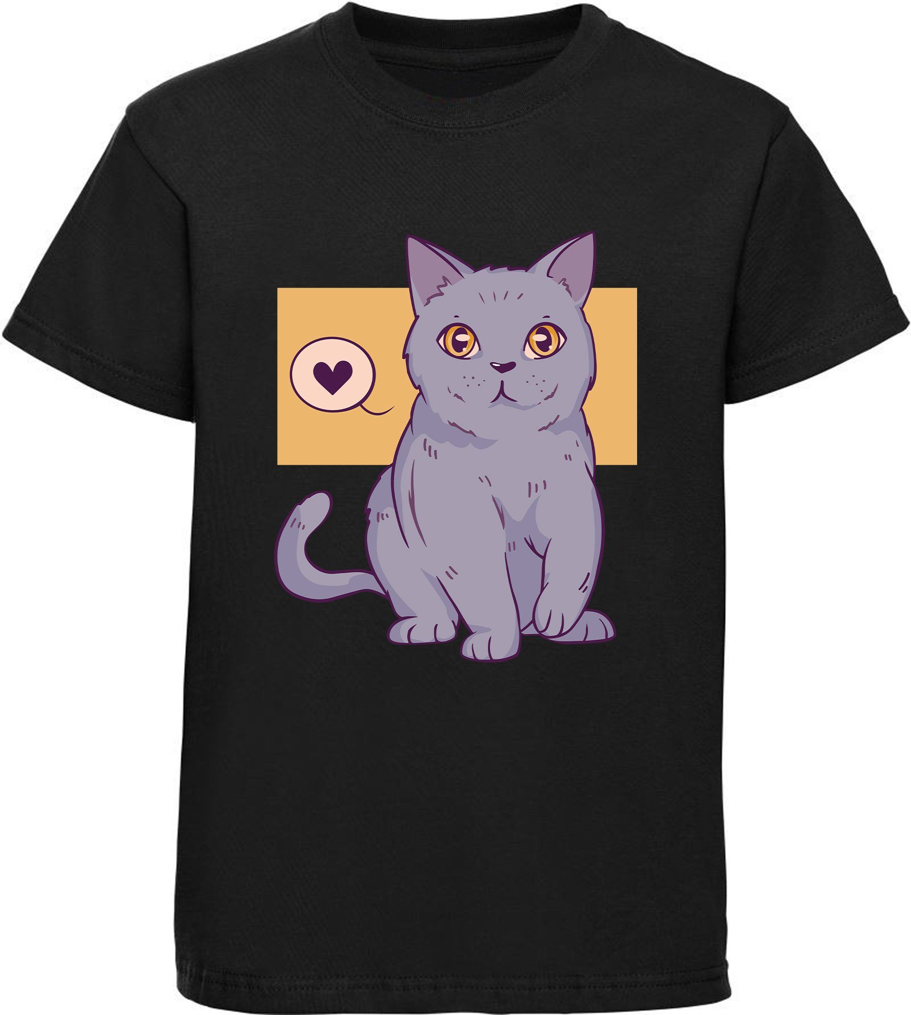 Print-Shirt Aufdruck, weiß, Katze T-Shirt mit schwarz, bedrucktes mit Baumwollshirt i129 Herz MyDesign24 Mädchen rot, rosa,