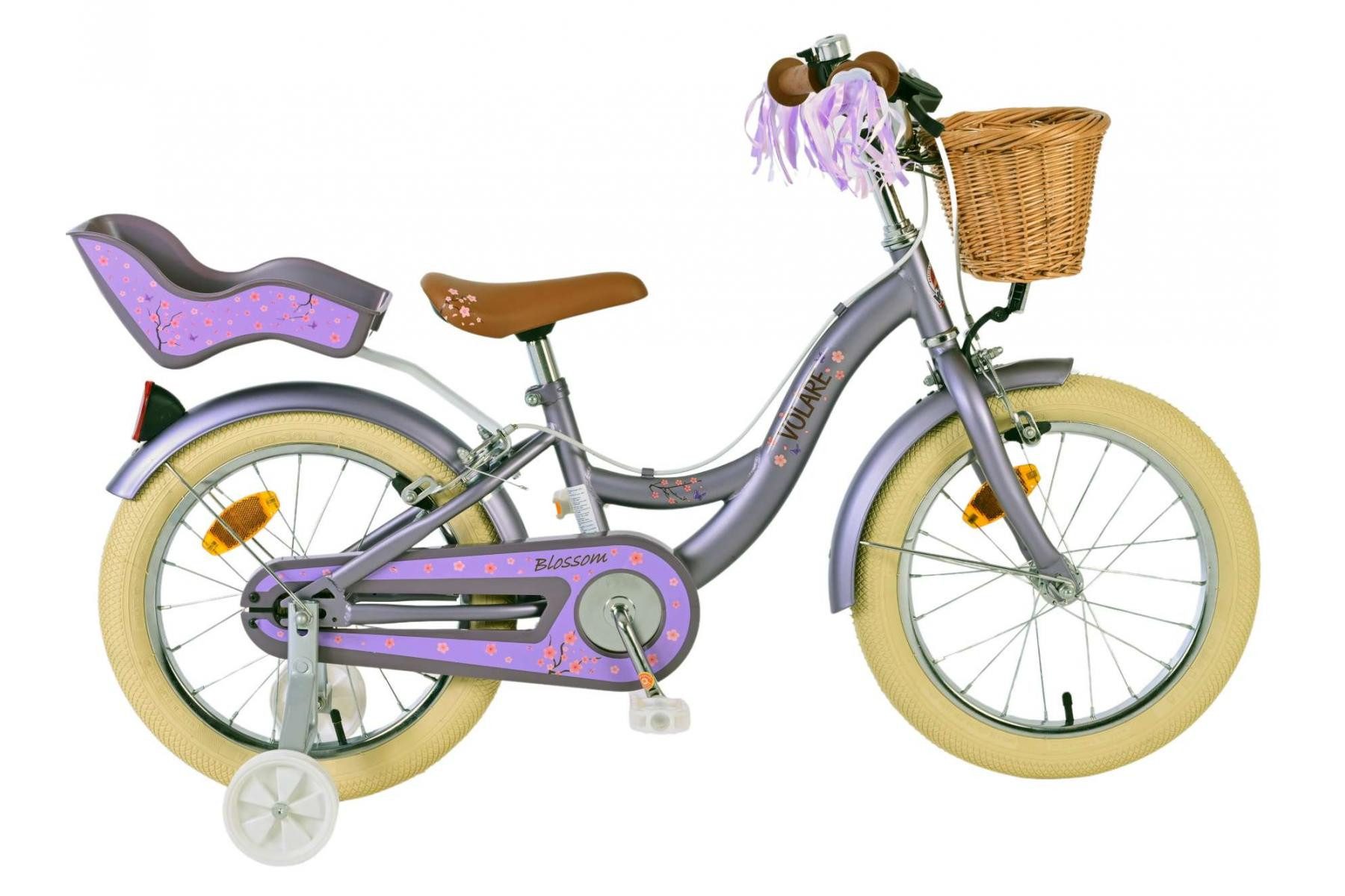 Volare Kinderfahrrad Volare Blossom - Mädchen - 16 Zoll - Lila - Zweihandbremsen, abnehmbare Seitenräder, geschlossener Kettenschutz, Puppensitz