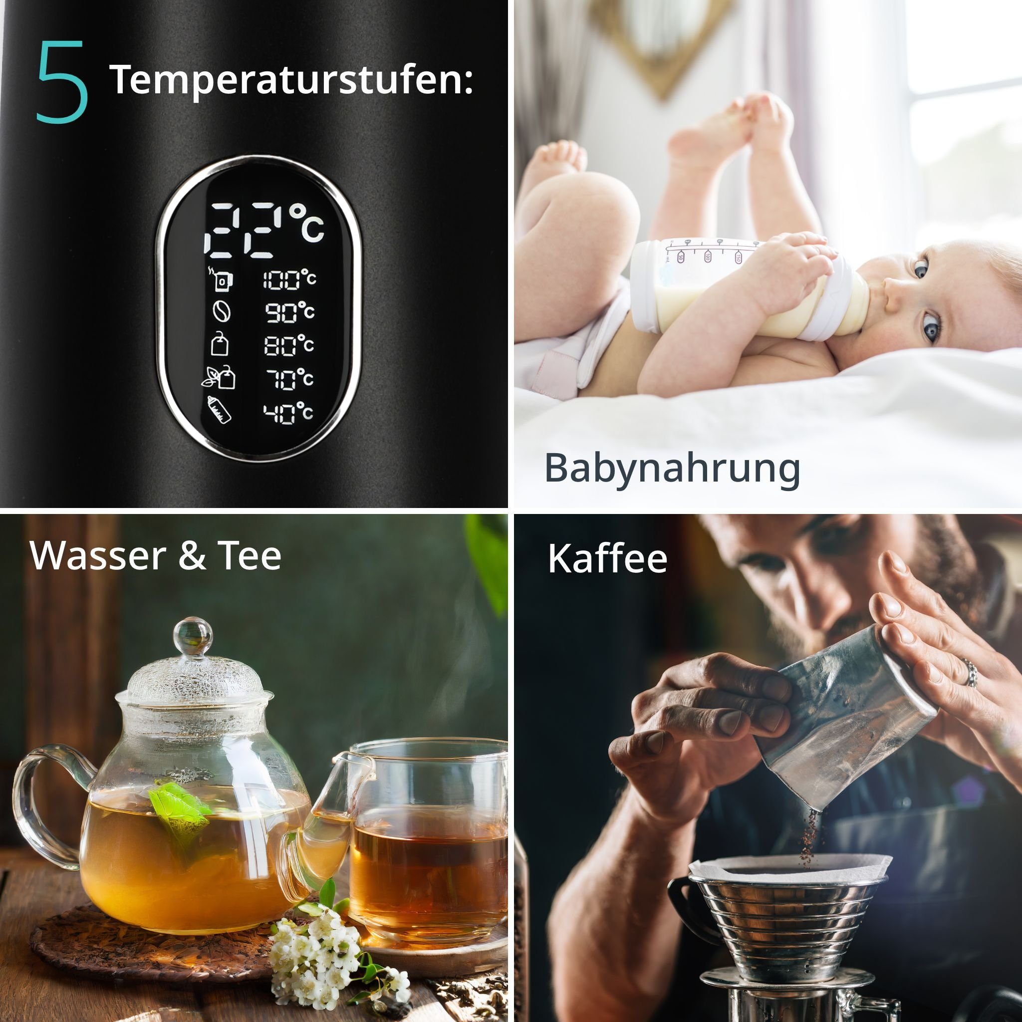 LED-Display, ADE l, 1.5 wählbare Warmhalte-Funktion, Temperatureinstellung Energiesparender (40-100°C), 1800 mit & Wasserkocher 1800 schwarz W, W Wasserkocher 5 Temperaturstufen