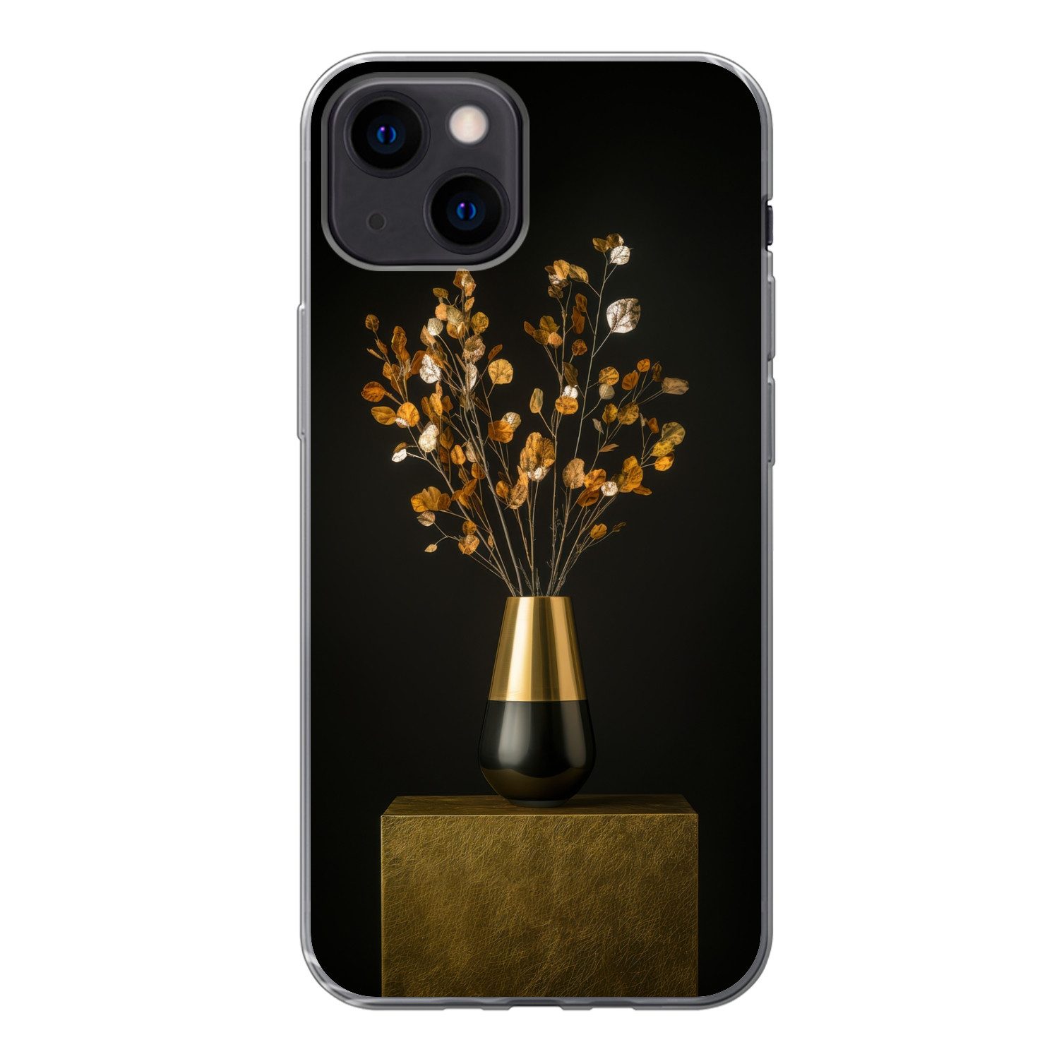 MuchoWow Handyhülle für Apple iPhone 13 mini Goldbraun - Blätter - Vase - Herbstlich, Smartphone-Bumper, Print, Handy Schutzhülle Dünn