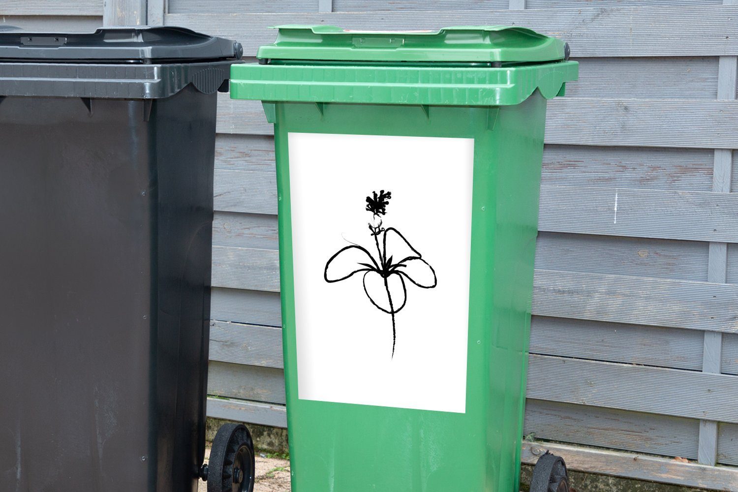 MuchoWow Wandsticker Hibiskus - Strichzeichnung Container, Mülleimer-aufkleber, (1 Sticker, St), - Abfalbehälter Schwarz Mülltonne, Weiß 