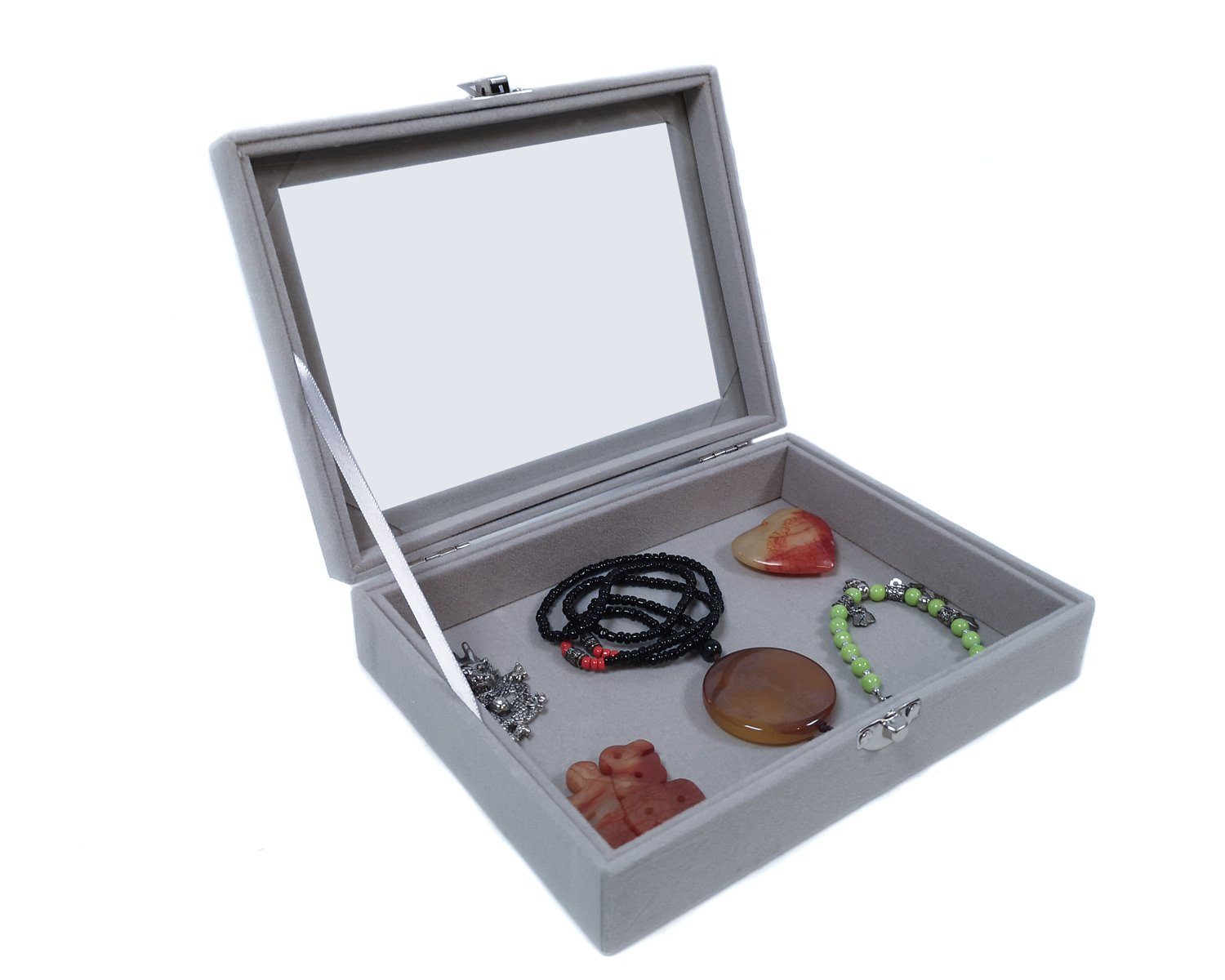 Yudu Aufbewahrungsbox Schmucktablett Schmucklade Schmuckkästchen mit Glasdeckel grau