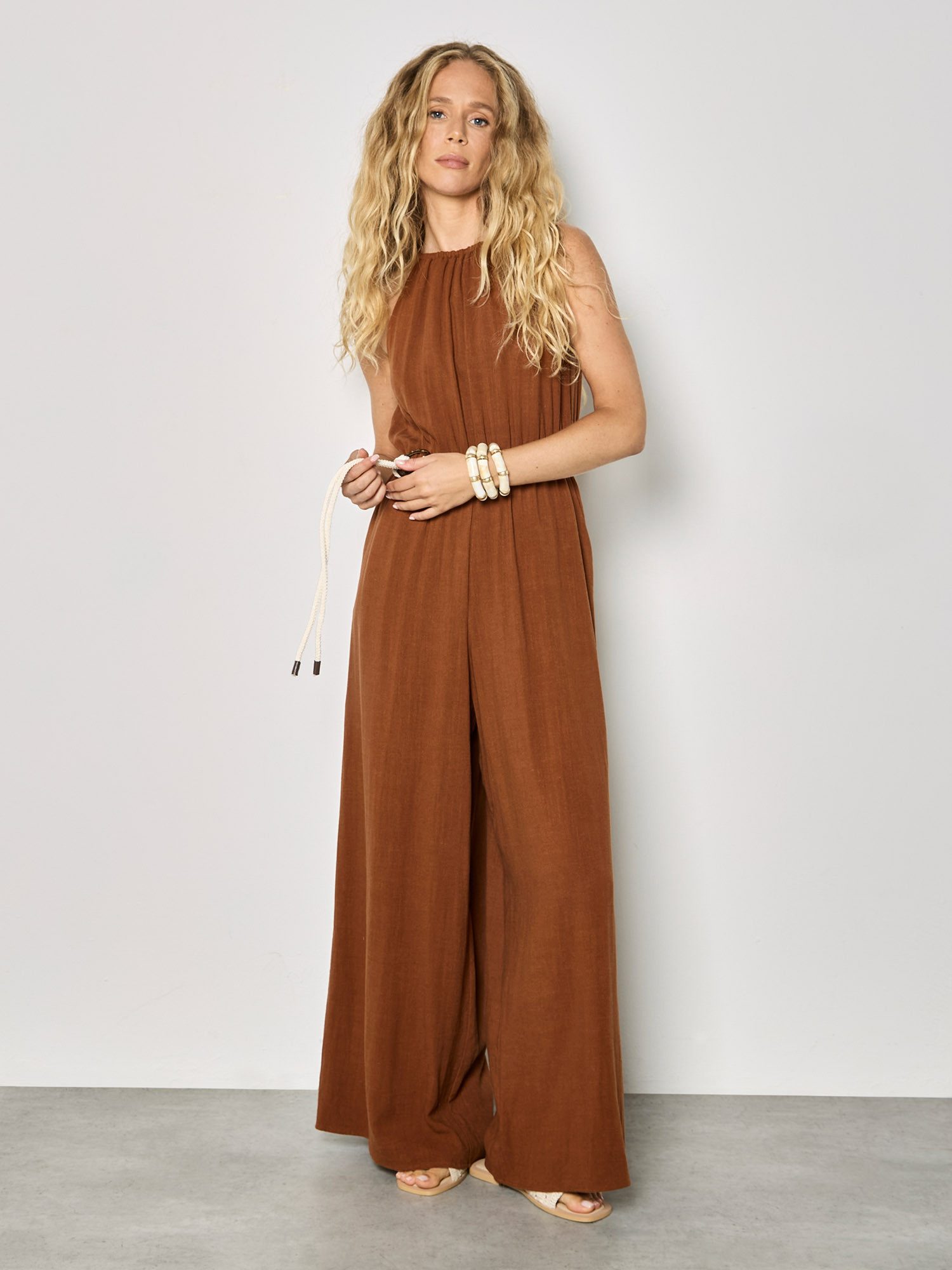 Apricot Jumpsuit Jumpsuit aus Baumwollmischung mit weitem Bein Einfarbig