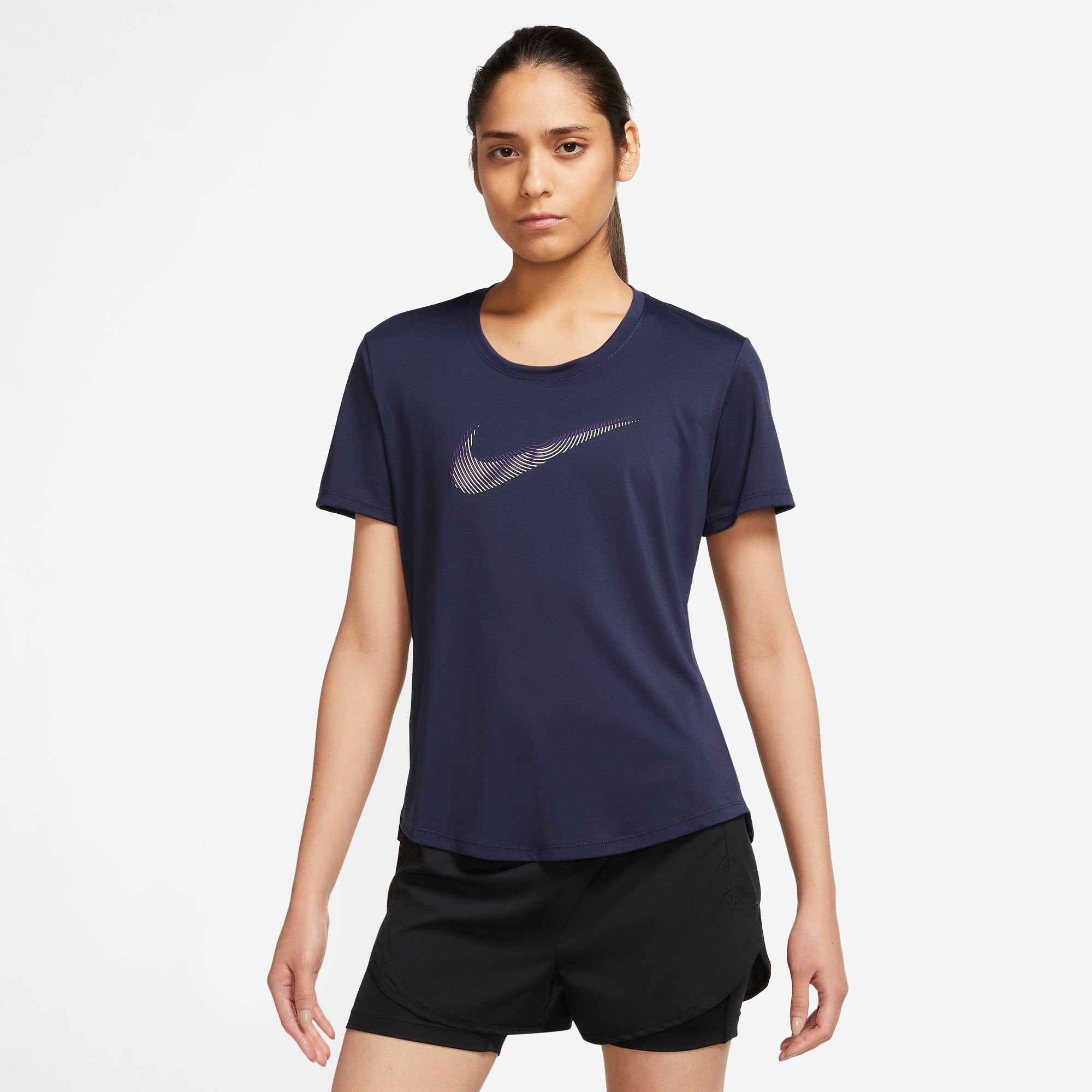 Von offiziellen Händlern bezogen Nike Laufshirt DRI-FIT SWOOSH PURPLE INK/DISCO RUNNING TOP WOMEN'S SHORT-SLEEVE PURPLE
