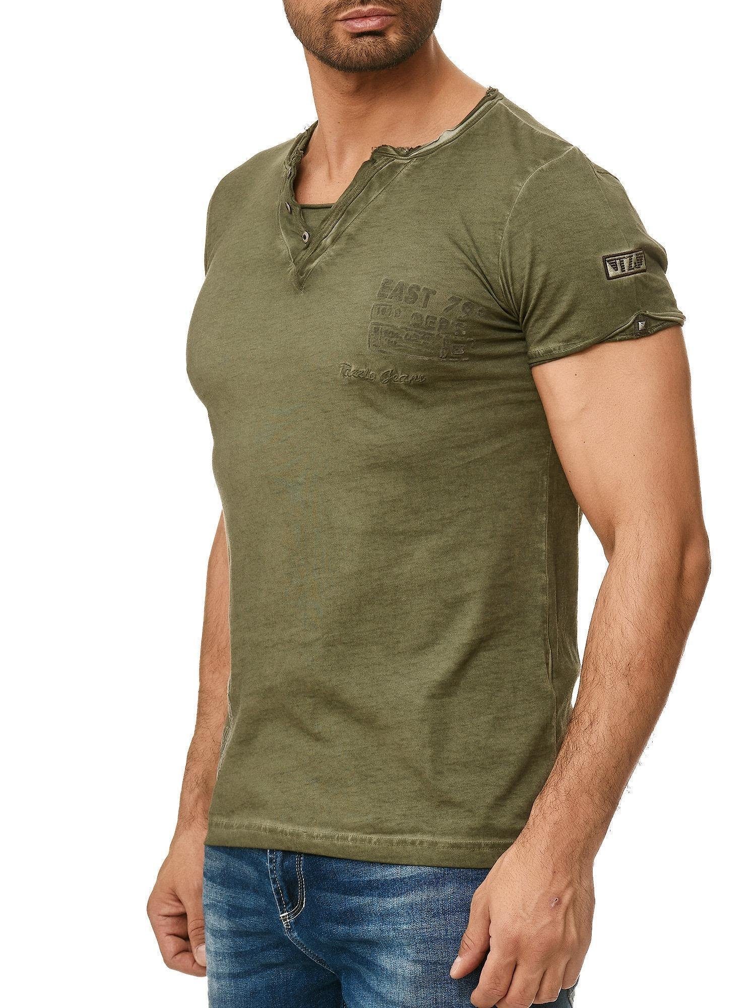 Tazzio V-Shirt 4060 außergewöhliches T-Shirt in dezentem Used Look & Ölwaschung khaki