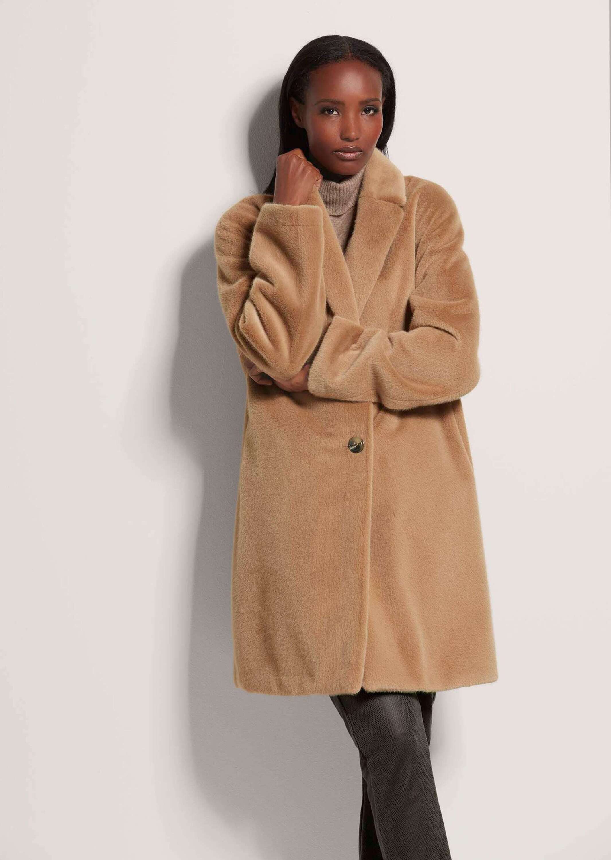 MADELEINE Kurzmantel Kunstpelzmantel mit Reverskragen Wintermantel mit Taschen, Hornknöpfen und Langarm