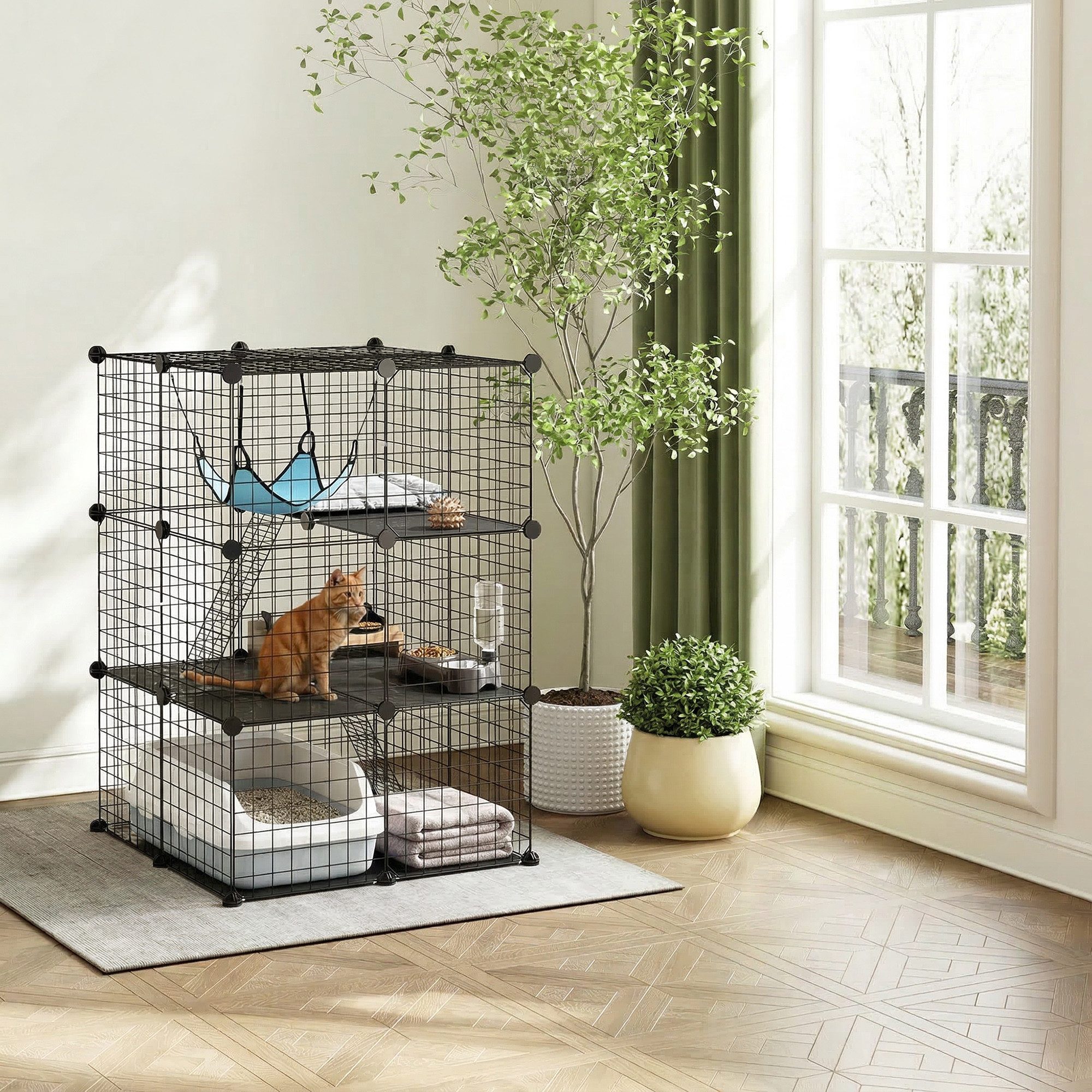 PawHut Kleintierkäfig Stahl-Katzengehege mit 3 Türen, DIY modular, 3 Ebenen, mit Hängematte