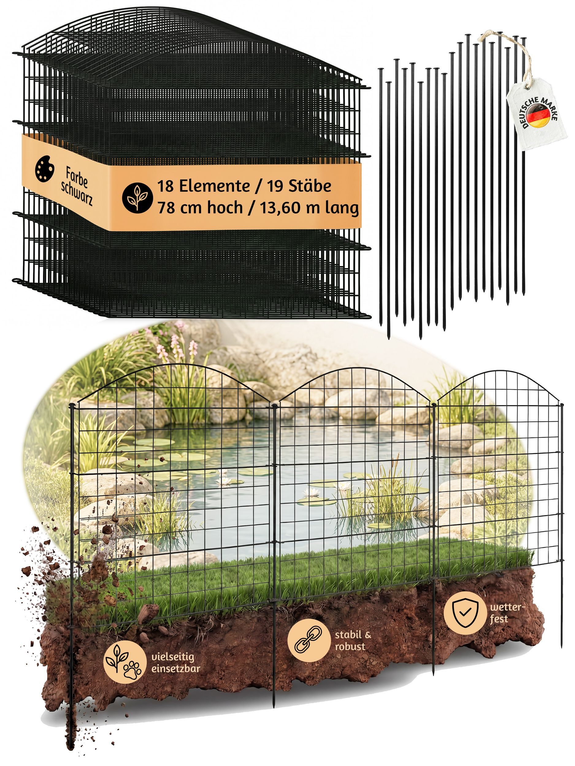 V2Aox Teichzaun Zaun Gartenzaun Steckzaun Teichzaun Garten Teich 18 Zaunelemente 78 cm