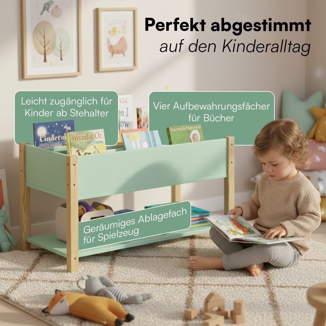 Bellabino Kinderregal Teme mit Fächern und Ablagefach, Bücherregal, Spielzeugregal aus Holz, 4 Fächer für Bücher, 1 Ablagefach für Spielzeug, mintgrün/natur