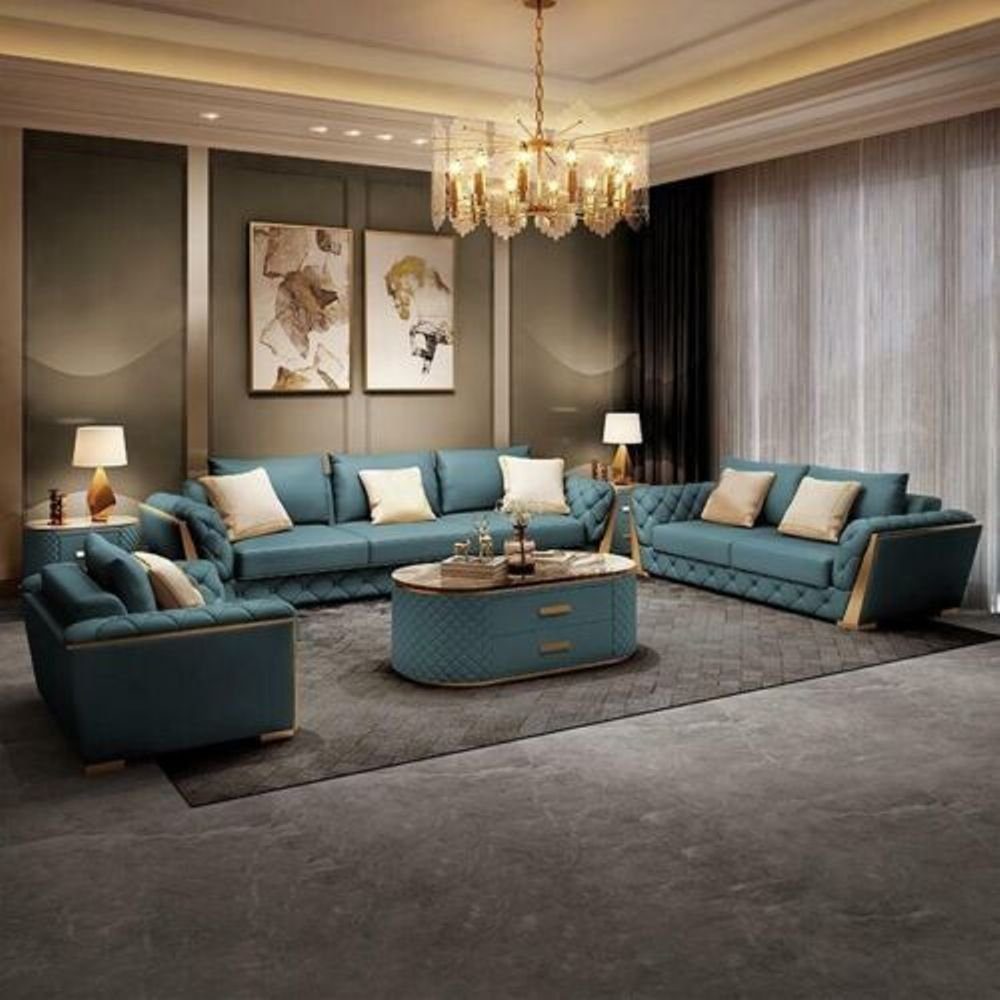JVmoebel Wohnzimmer-Set Leder Designer Sofa Polster Garnitur 6tlg. Garnituren Couchtisch Tisch, (6-St) Blau