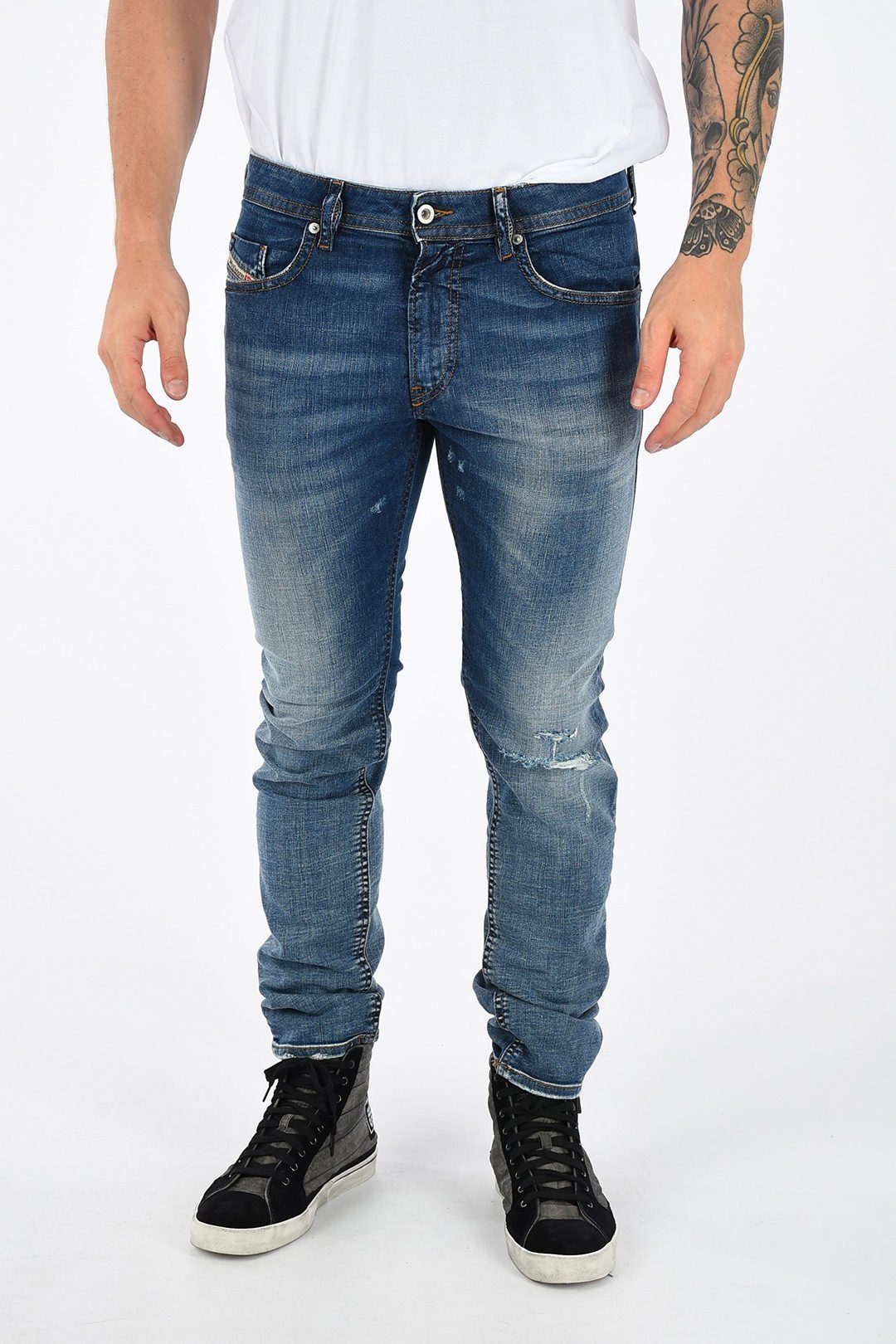 Diesel Slim-fit-Jeans Röhrenjeans, Used-Look, Länge: Stretch, Thommer 5-Pocket-Style, 084TW Herren L32 Blau, Vintage