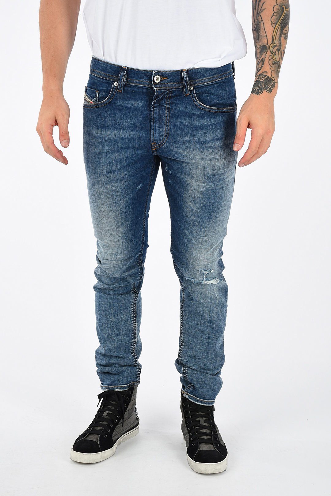 Diesel Slim-fit-Jeans Herren Thommer 084TW Blau, Röhrenjeans, Stretch, 5-Pocket-Style, Vintage Used-Look, Länge: L32