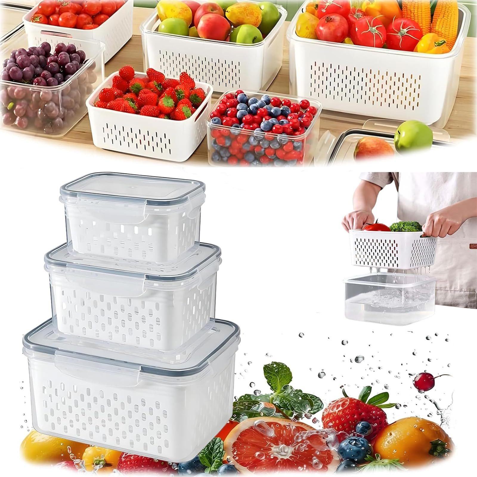 FOUORTUNATE-BEE Frischhaltedose Frischhaltedose Set mit Sieb Abtropfkorb Obst Gemüse Box, Küchen Box Set für Kühlschrank Mikrowelle Obst Gemüse Lagerung