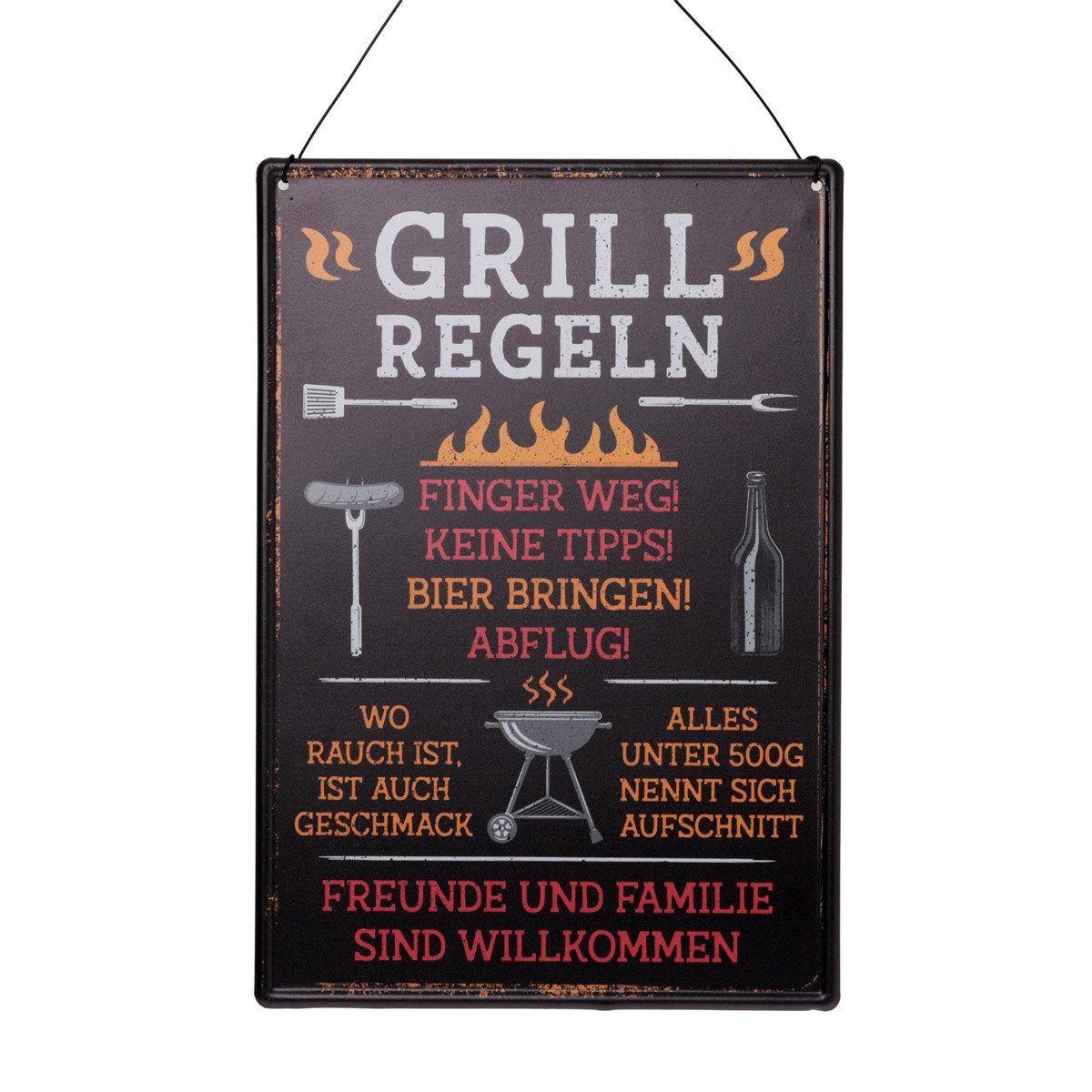 finehomegarden Wanddekoobjekt Spruchschild "GRILL REGELN" Schild aus Metall – Geprägt – Schild (1 St), Dekoschild für Haus & Eingang – ca. 22 x 32 cm Dekoschild Garten