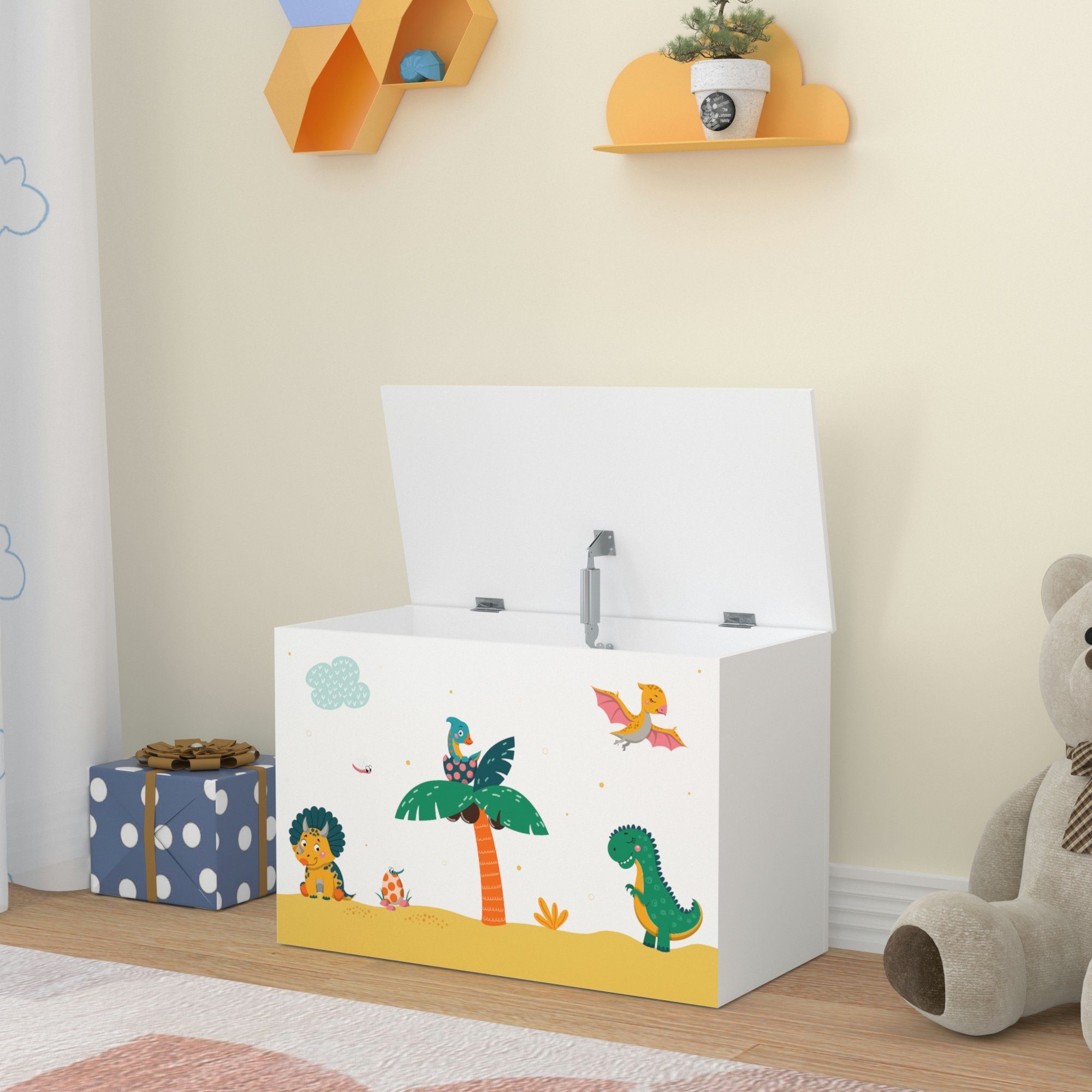 en.casa Spielzeugtruhe, »Oleiros« Dinosaurier-Motiv 40 x 60 x 30 cm Weiß/Grün/Gelb