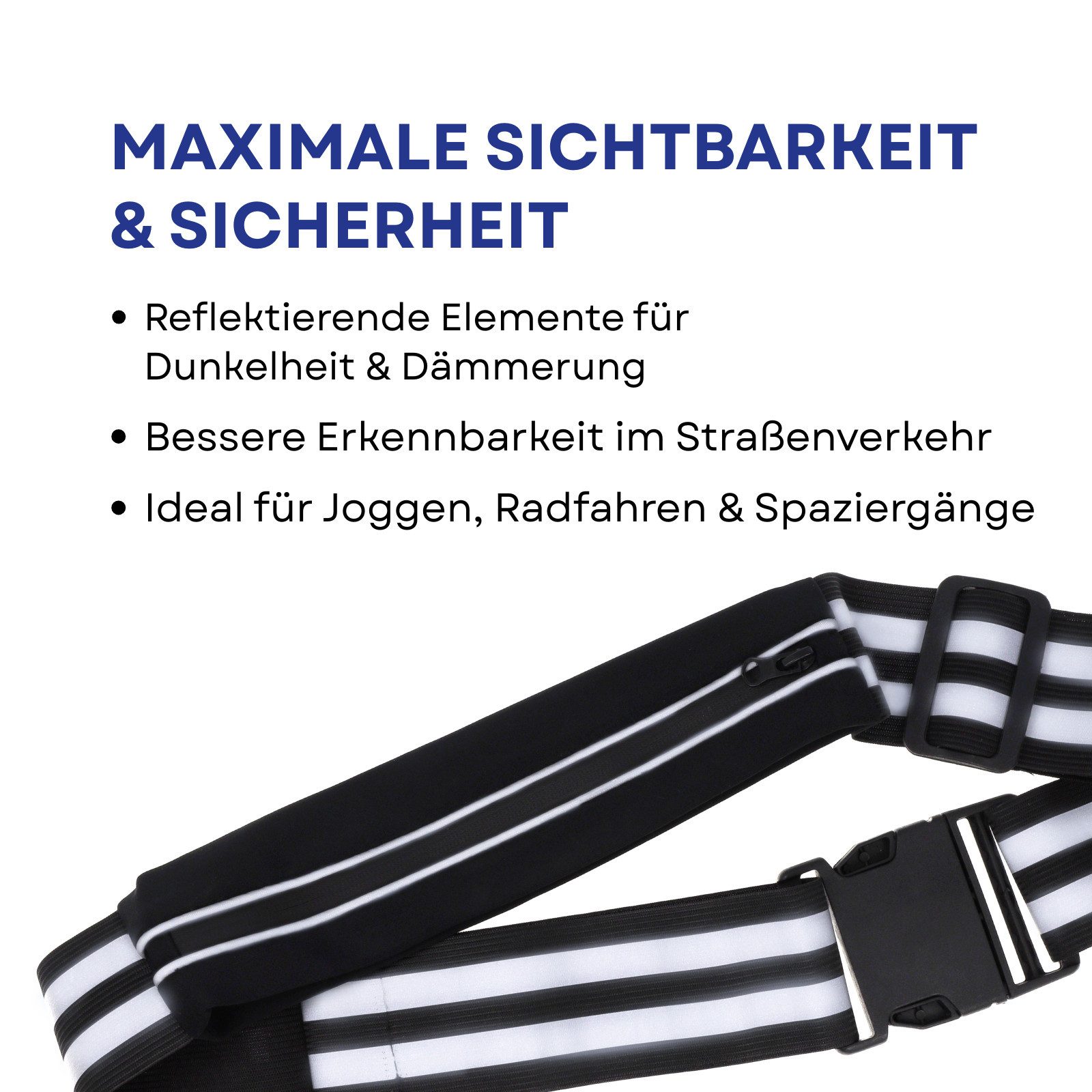 FIRST AID ONLY® Reflektorband Reflektorgurt Schwarz, Reflekorband EN ISO 20471, Tasche für Mobiltelefon oder Geldbörse