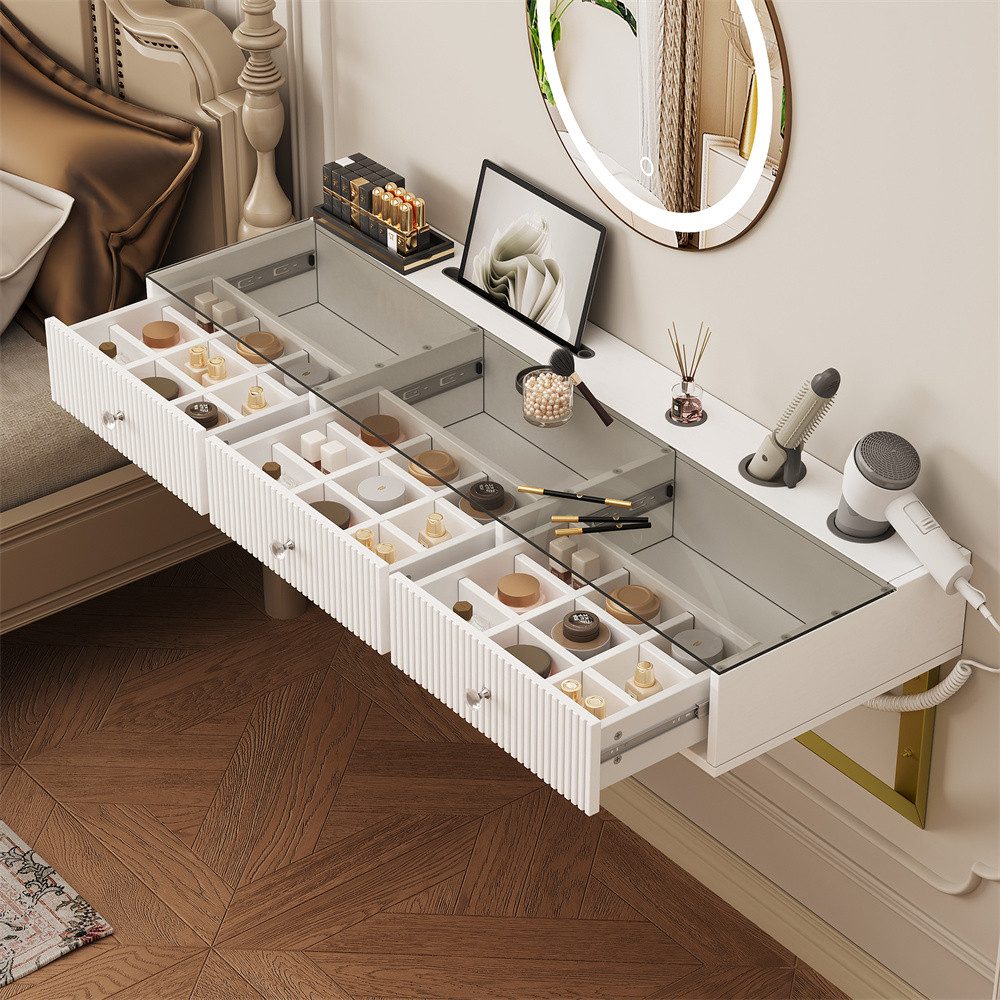 REDOM Schminktisch hängendem (mit 3 Schubladen, Glasplatte, Tablethalterung und Becherhalter; Weiß (ohne LED-Spiegel), 1-St., 120×40×45 cm)