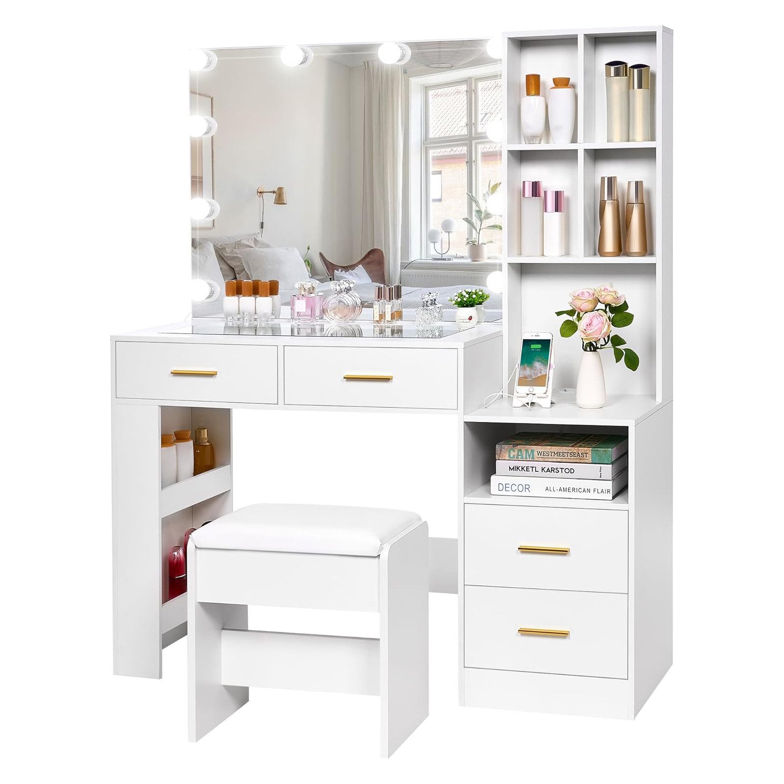 BEWISHOME Schminktisch mit Spiegel und Hocker, vier Schubladen, LED-Beleuch günstig online kaufen
