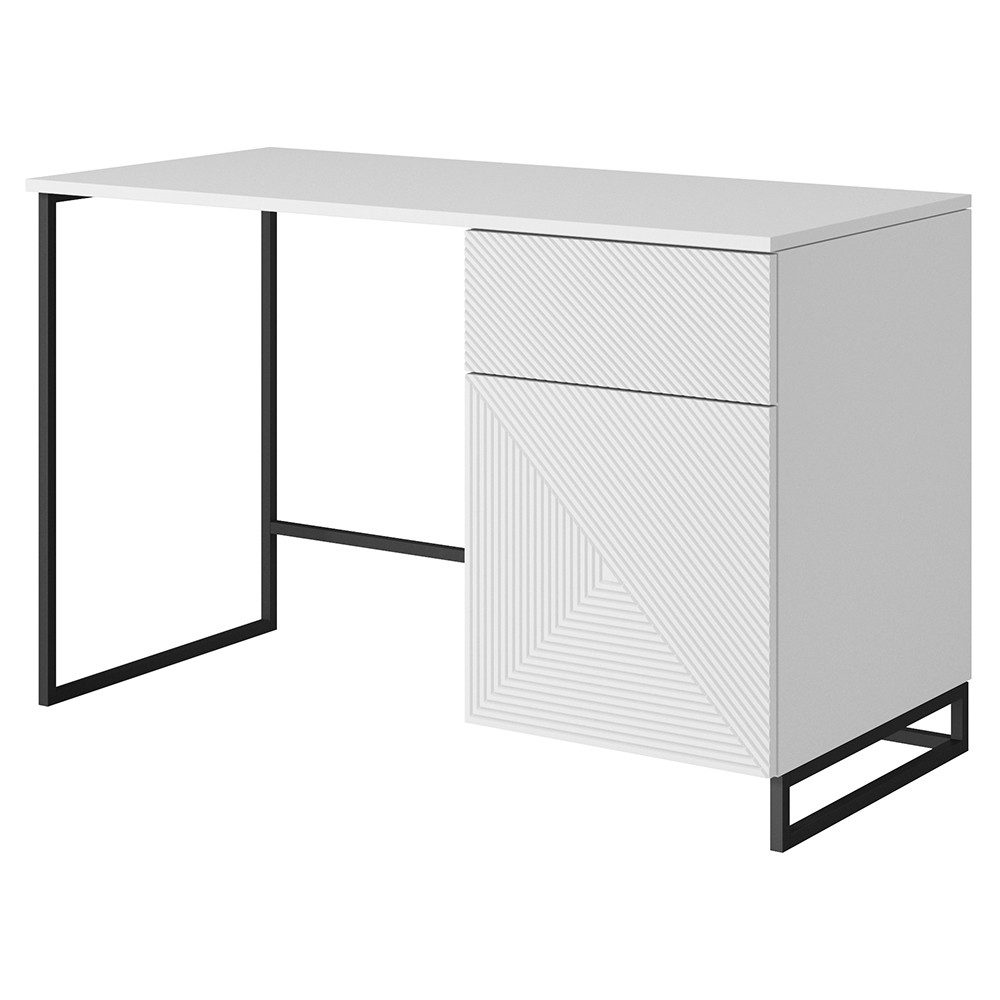Lomadox Schreibtisch ADARE-141, 120 cm breit, weiß matt mit schwarzem Metallgestell, gerillte Front