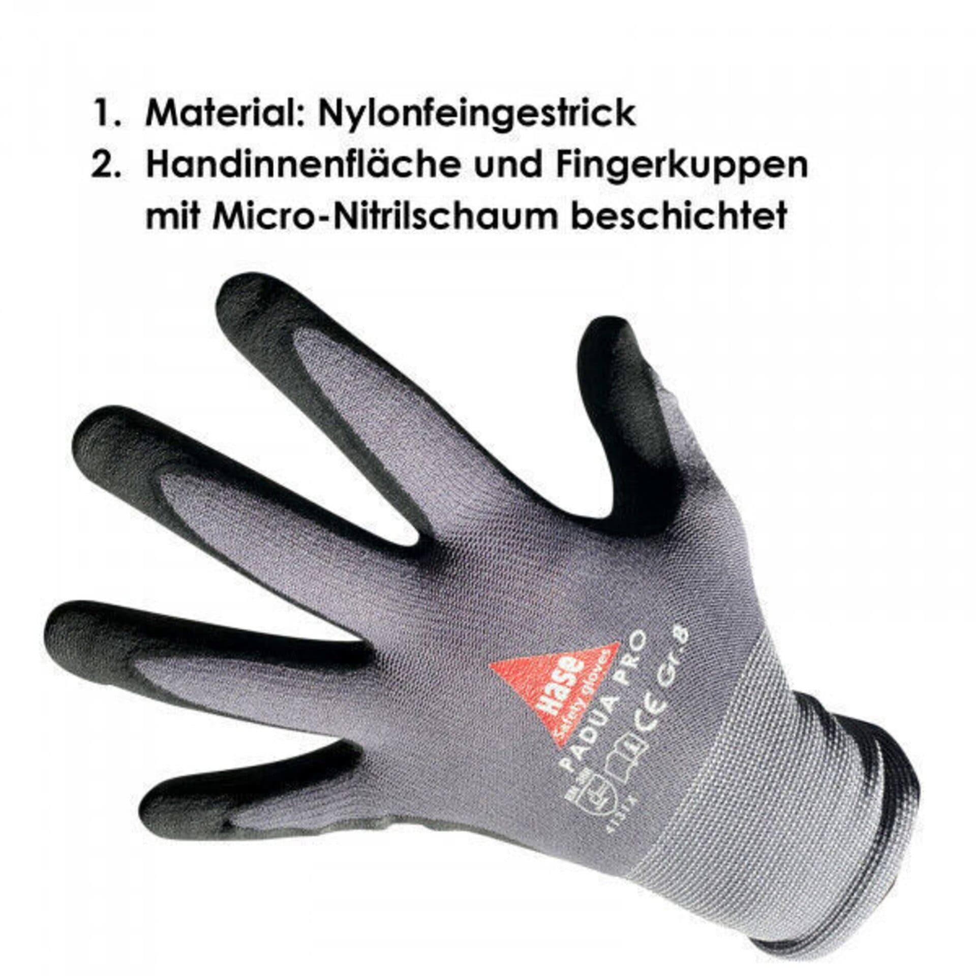 Hase Safety Gloves Arbeitshandschuhe Padua Pro (Packung, 10-St., VPE= 10 Paar, Gr 6-11) Nitril-Arbeitshandschuhe Rutschfeste Mechaniker-Handschuhe