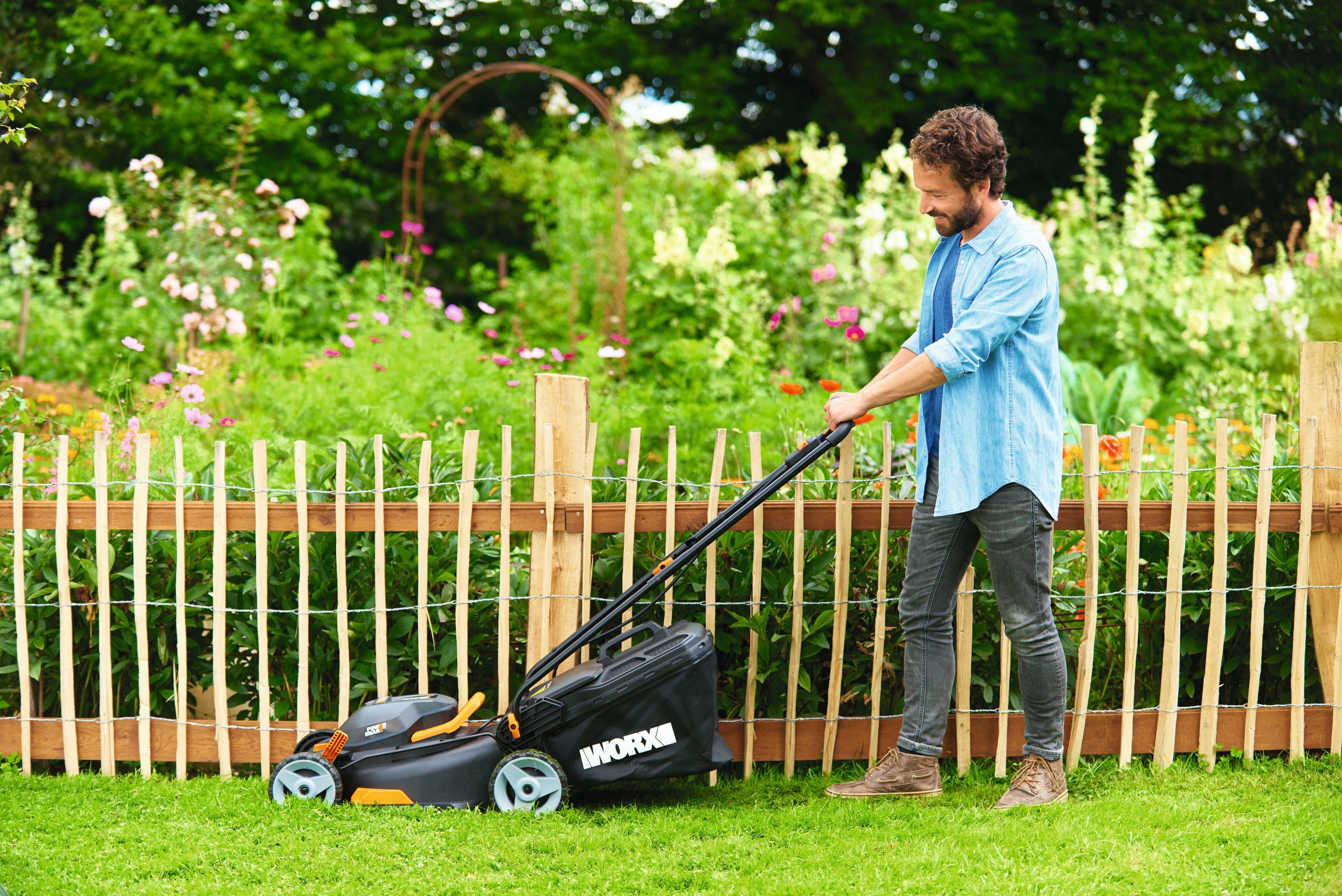 Worx Akkurasenmäher WG743E, 40 cm Schnittbreite, (Set), 40V/ 2x4Ah 500m², 40cm/20-80mm, 45 Liter