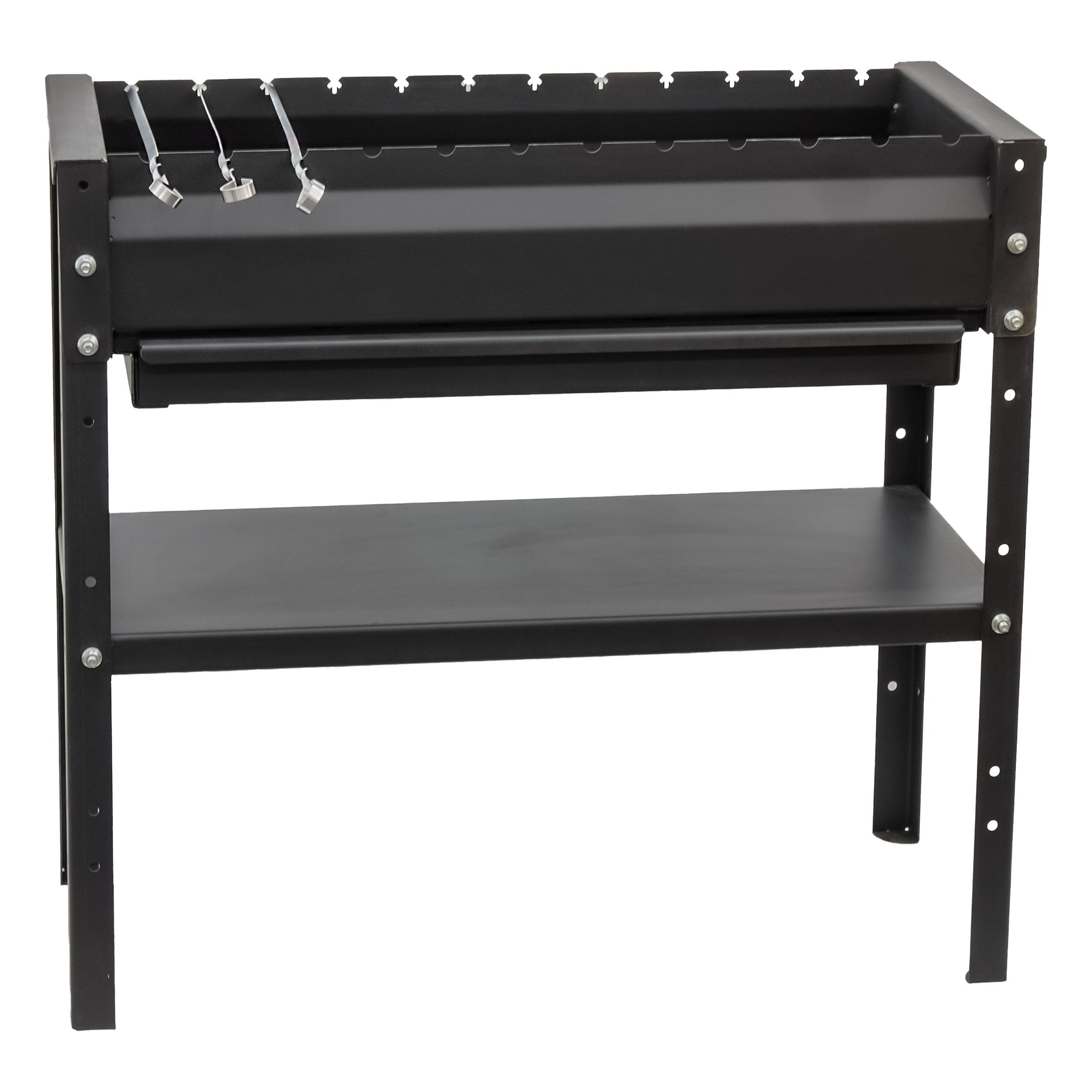 KVOTA Holzkohlegrill Mangal Holzkohlegrill 80cm 2mm Stahl mit 12 Spießauflagen & Ablage, Ablagefach, ausziebare Ascheablage
