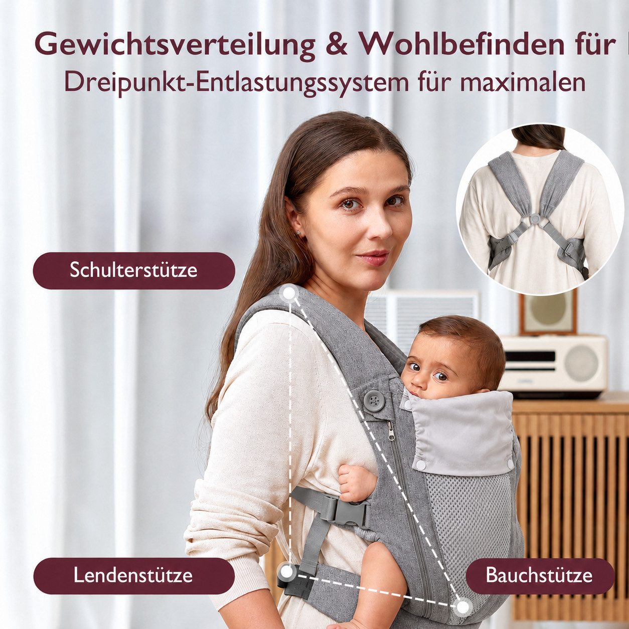 Forrlite Babytrage Neugeborene ab Geburt, Kleinkindtrage aus 100% Baumwolle (Ergobaby Babytrage mit Ein-Klick-Schnalle, ergonomische M-Position, X-Rücken, für 3 – Bild 4 von 5