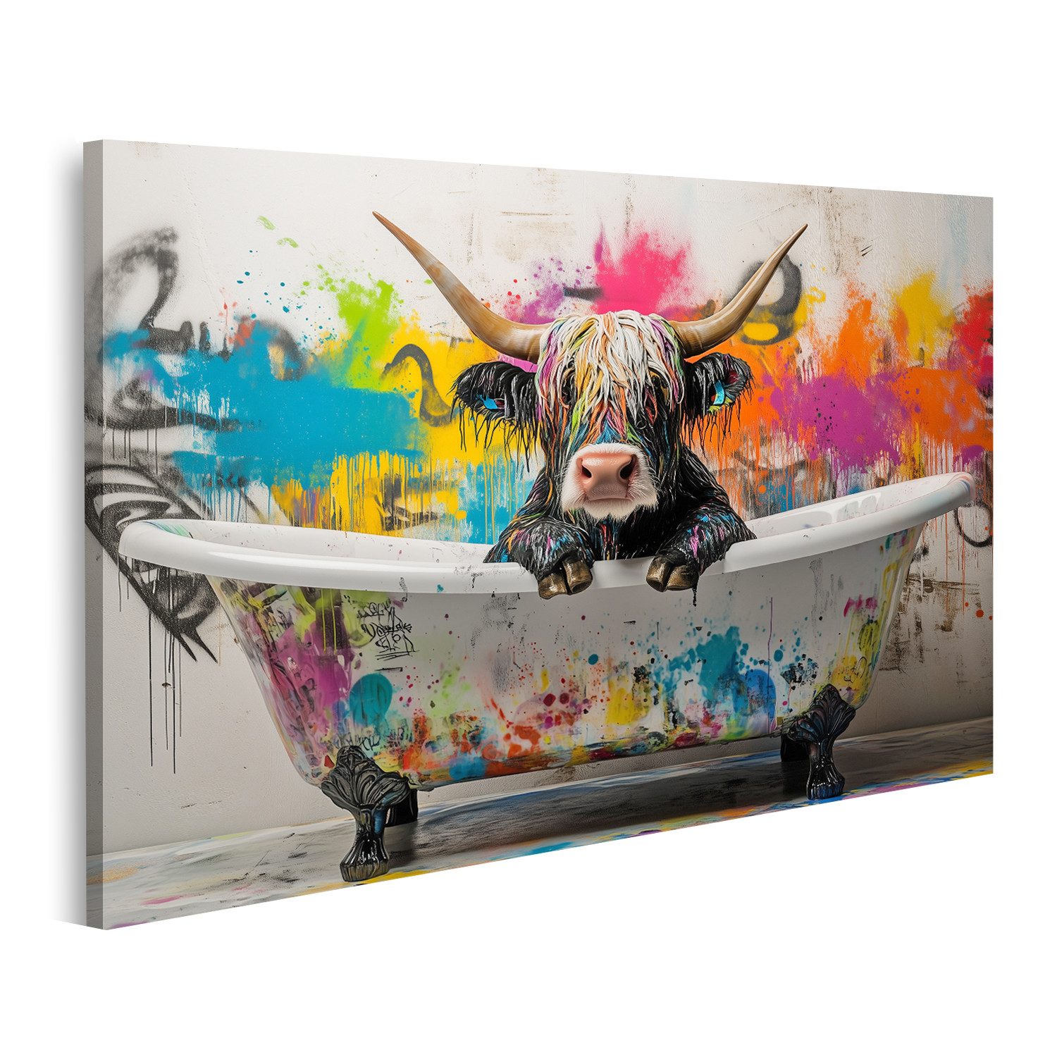 islandburner Leinwandbild Farbenfroher Stier in der Badewanne günstig online kaufen