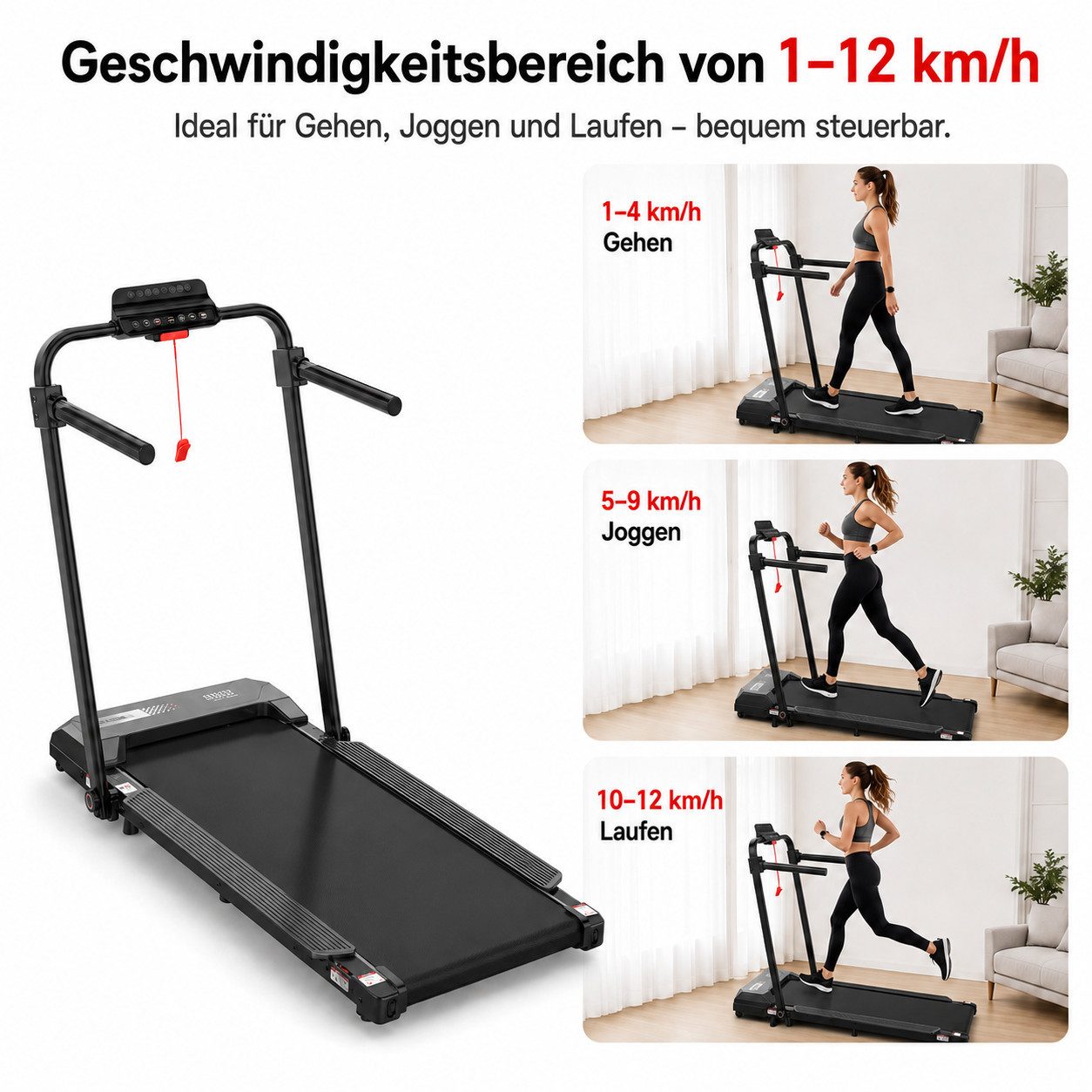 LIKESPORTING Laufband klappbar, 1400W 2 PS Walking Pad, 1–8 km/h, 6% Steigung, 100×40 cm Lauffläche, 120 kg, LED-Display, Fernbedienung