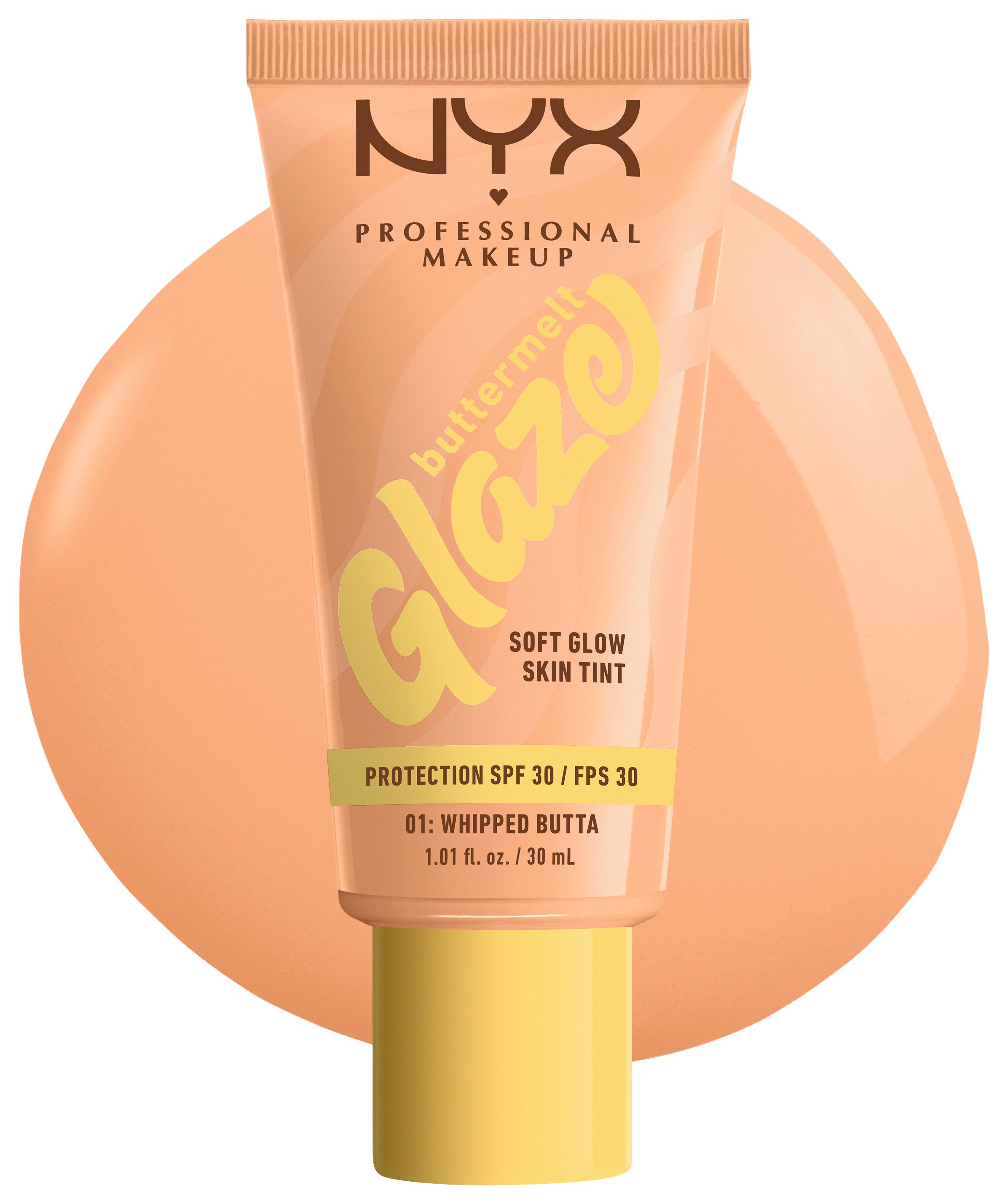 NYX PROFESSIONAL MAKEUP Foundation BUTTERMELT GLAZE SOFT GLOW SKIN TINT + LSF 30, Pflegend, spendet Feuchtigkeit, ohne Rückstände und öliges Finish.
