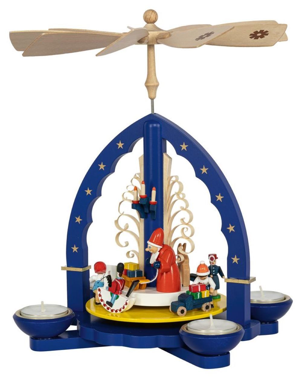 Richard Glaesser Weihnachtspyramide Bescherung blau für Teelichter und Kerzen, Höhe 27cm, Handwerkskunst original Erzgebirge