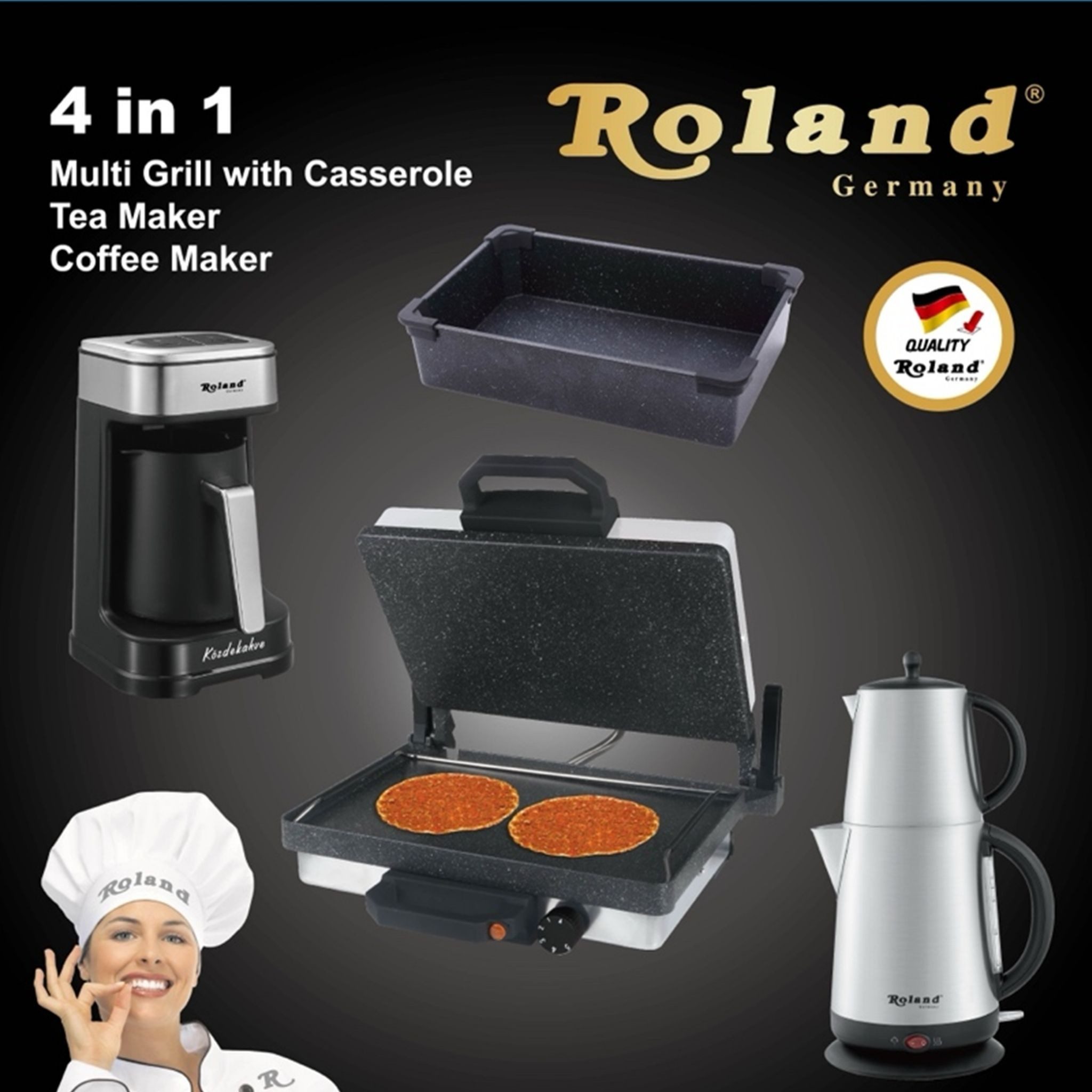 Roland Germany Kontaktgrill Multigrill Granit 2000W, Kasserolle, Teekocher, Mokkamaschine, 2000,00 W, 4-in-1 Set