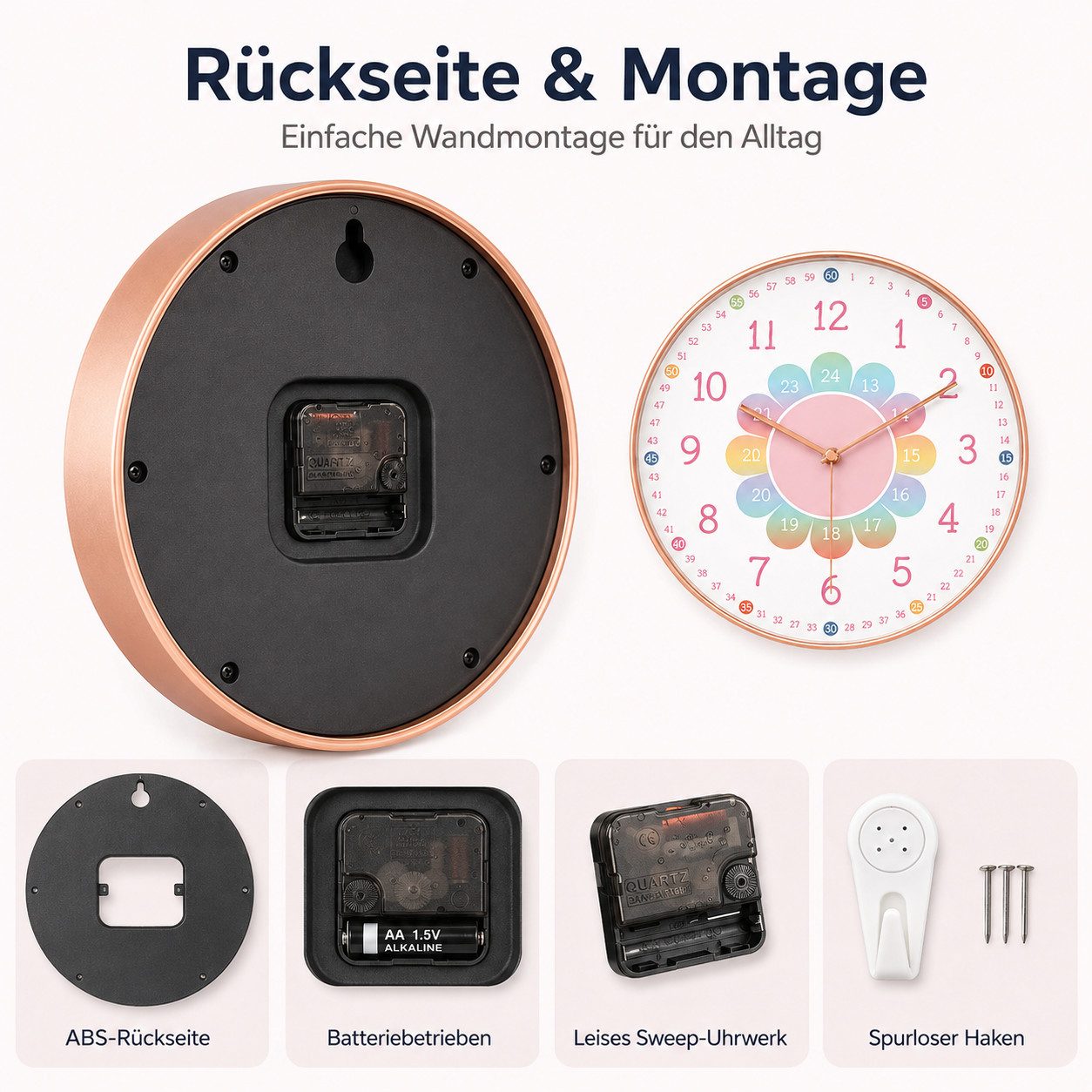 ibettertec Wanduhr Kinderwanduhr, leise und nicht tickend, leicht zu lesen (ohne Ticken.20 cm Quartz geräuschlos Zimmer Jungen Mädchen 8 Zoll) – Bild 5 von 5