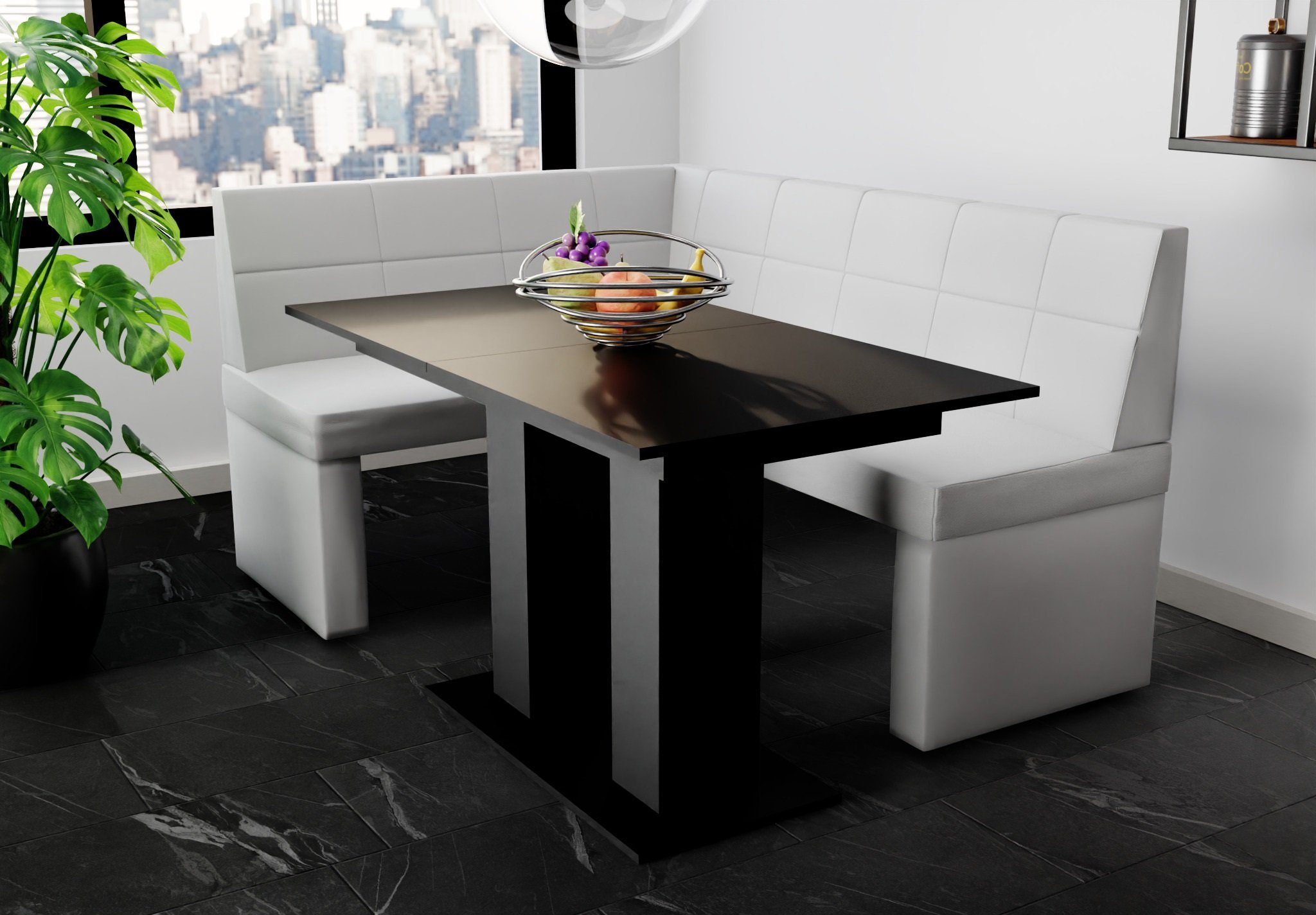 ausziehbarer Größe „BLAKE“ Eckbankgruppe Tisch mit Eckbankgruppe Tisch Möbel Schwarz, Fun 168x128cm