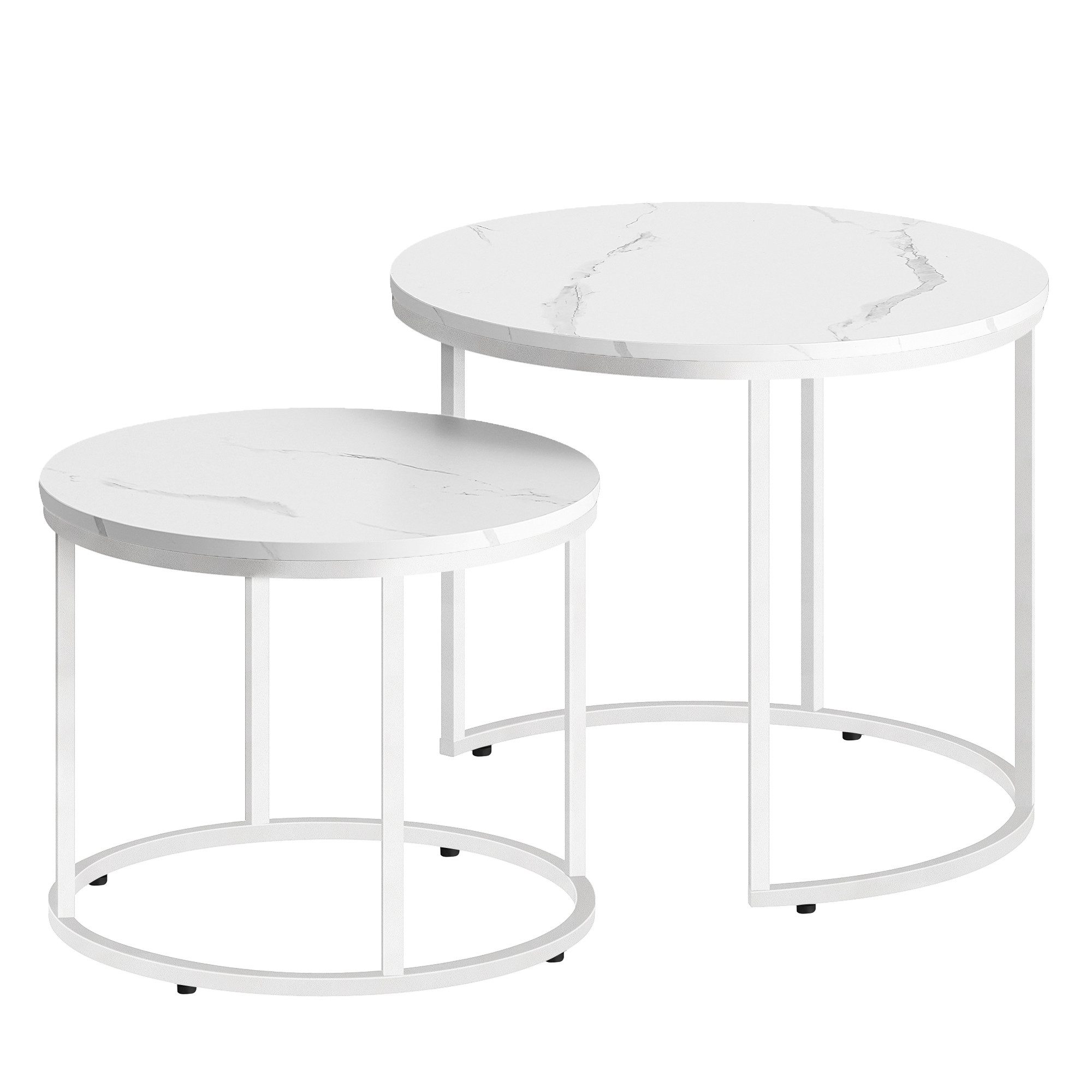 Home Collective Couchtisch 2er Set Beistelltisch Loft Design 2in1 Verschachtelung Wohnzimmer, kratzfeste Oberfläche 53cm & 43cm Weiß Marmor Optik mit Weißen Beinen