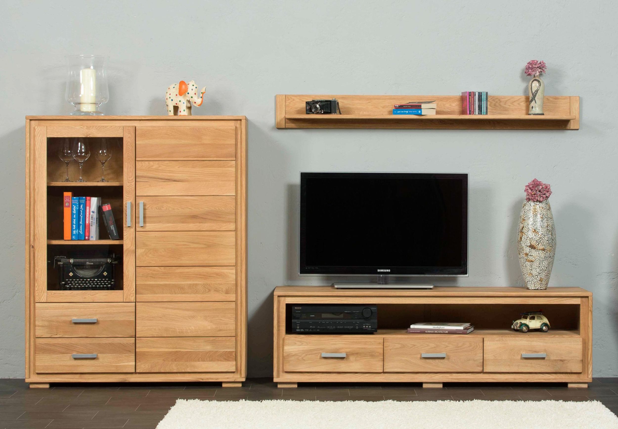 Trendmöbel24 Wohnzimmer-Set Wohnzimmerschrank Basel Set V 3-teilig Wildeiche Massivholz, (Komplett-Set, 3-St., Lowboard, Highboard, Wandboard)