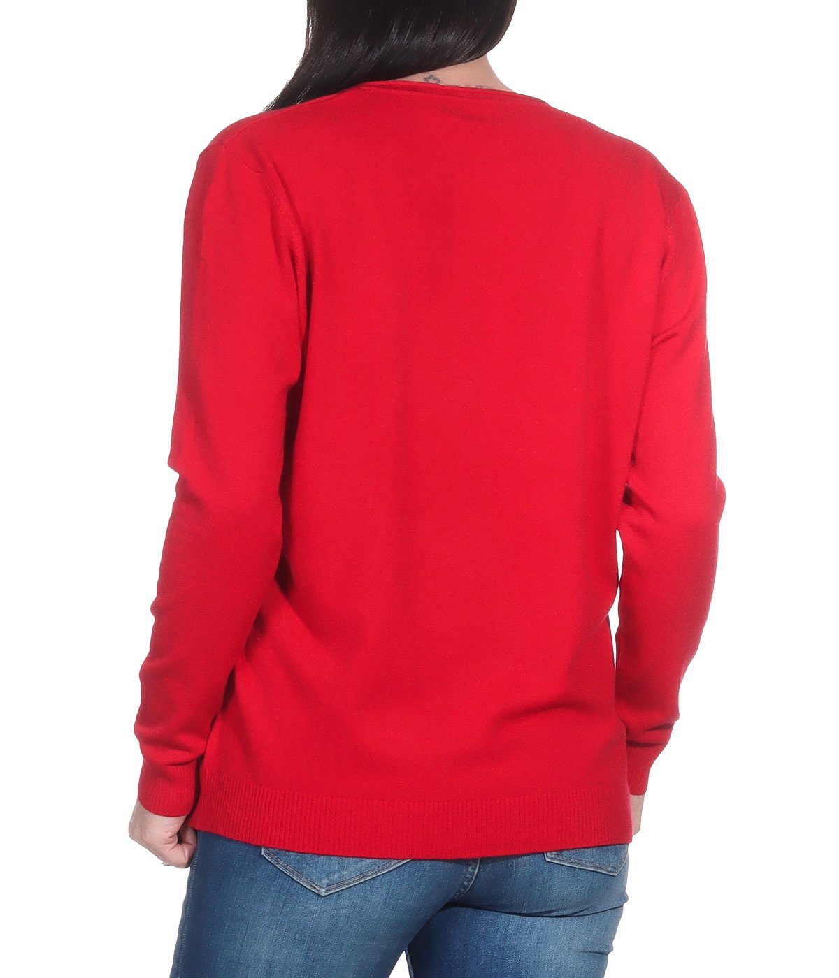 Aurela Damenmode V-Ausschnitt-Pullover Pullover Pulli Wintersport Basic Damen Freizeitpullover Feinstrickpullover (1-tlg) Unterziehshirt oder für für den Rot angenehmer